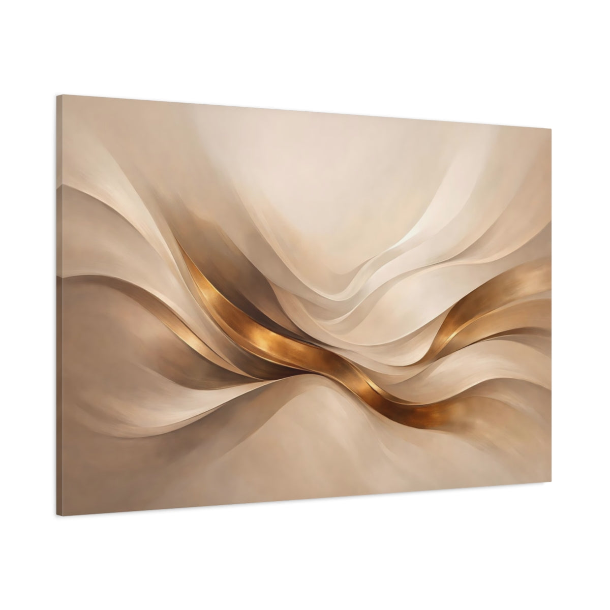 Main Mockup. Abstract Flowing Ribbons Gold And Beige Abstract shown as stretched canvas wall art