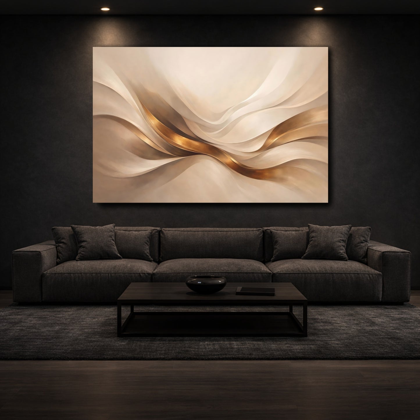 Mockup 2. Abstract Flowing Ribbons Gold And Beige Abstract shown as stretched canvas wall art
