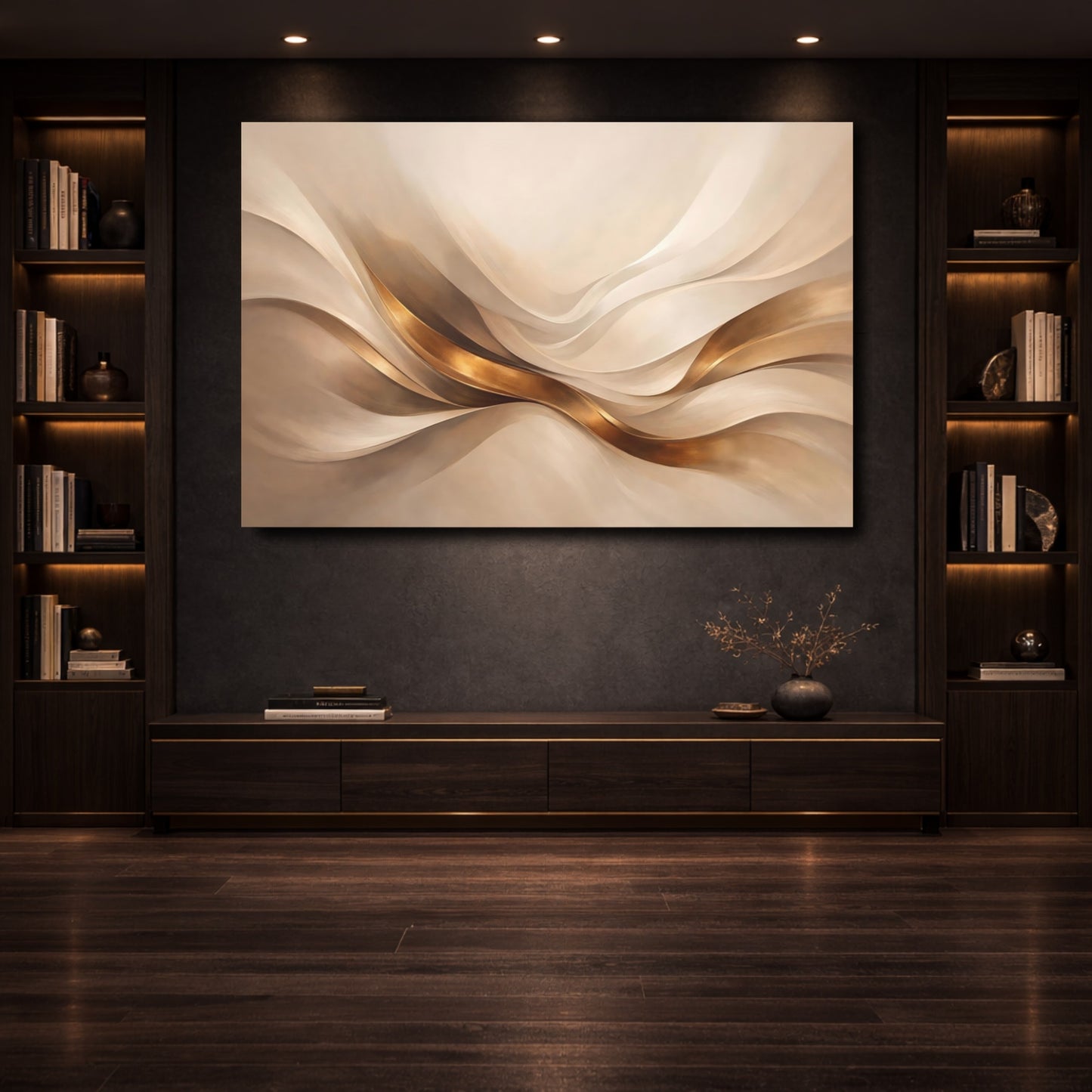 Mockup 3. Abstract Flowing Ribbons Gold And Beige Abstract shown as stretched canvas wall art