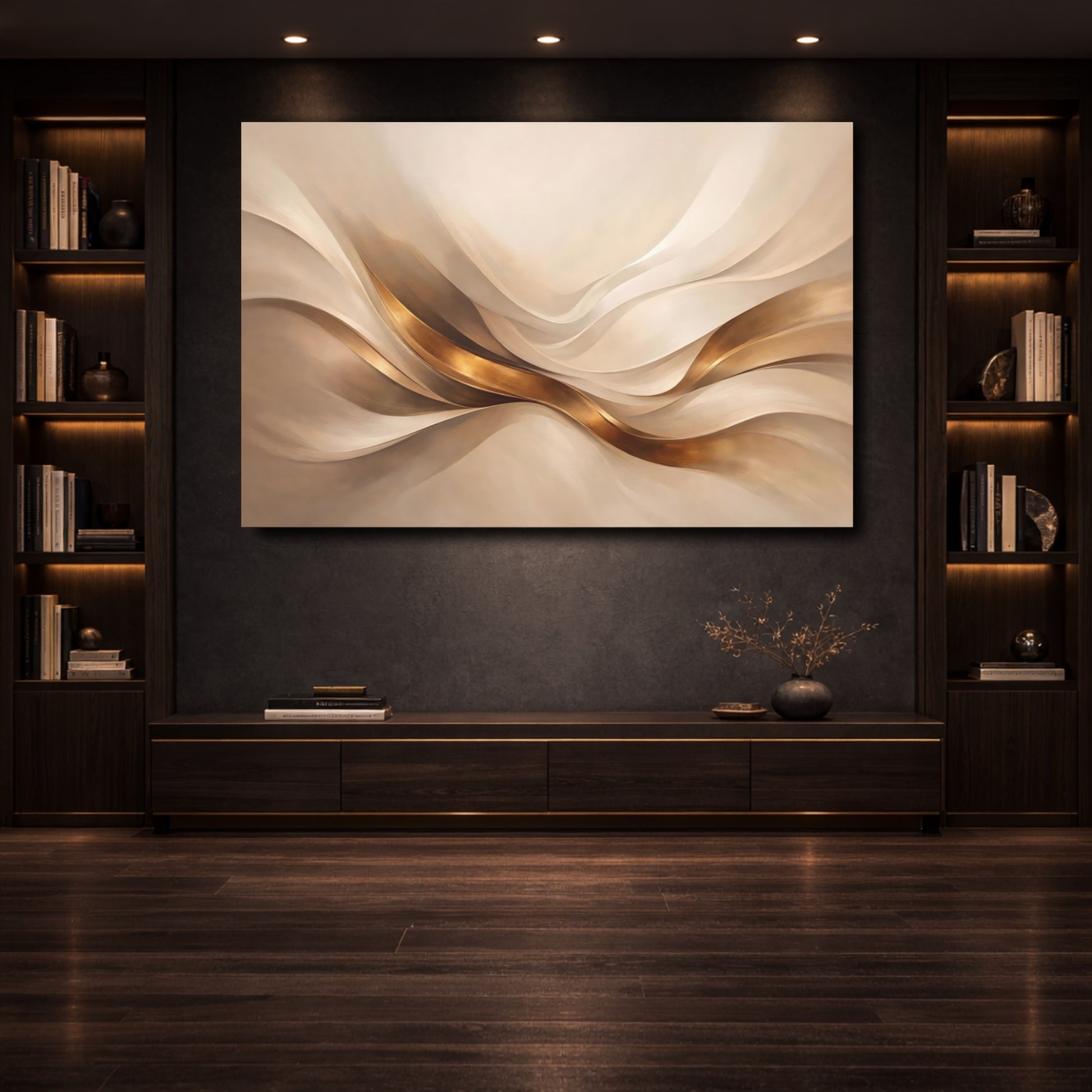 Mockup 3. Abstract Flowing Ribbons Gold And Beige Abstract shown as stretched canvas wall art