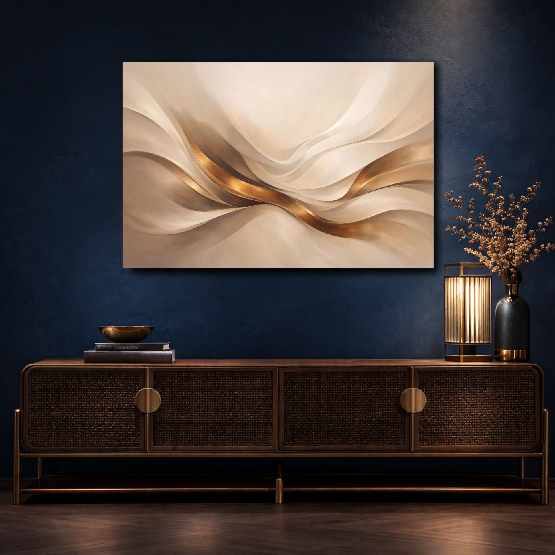 Mockup 4. Abstract Flowing Ribbons Gold And Beige Abstract shown as stretched canvas wall art