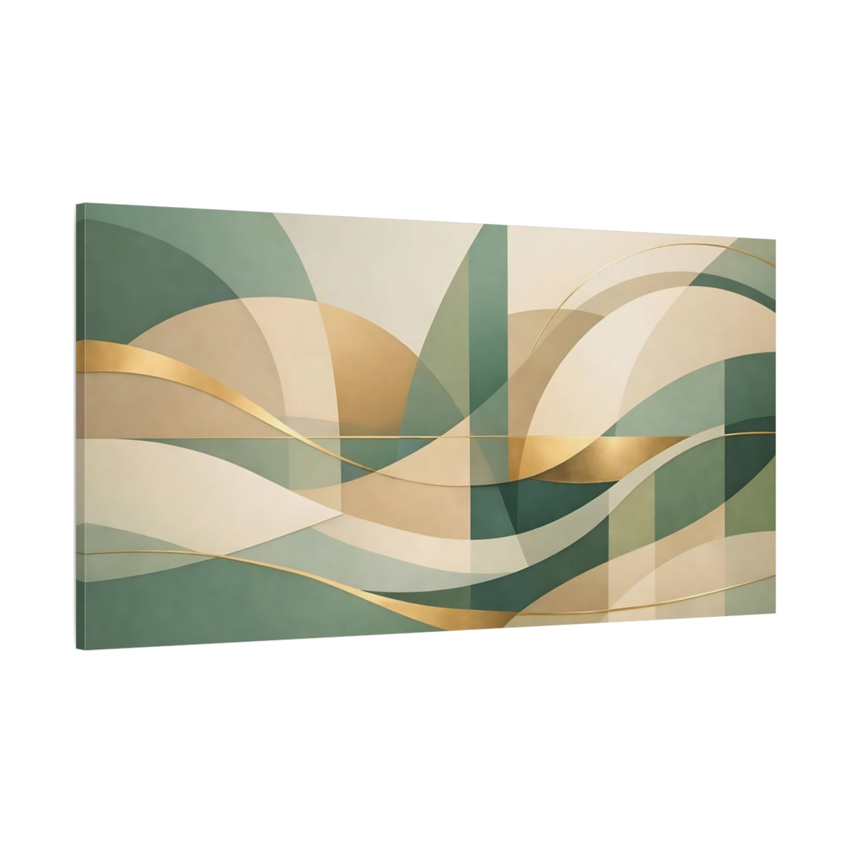Main Mockup. Abstract Flowing Shapes Green Gold Abstract shown as stretched canvas wall art