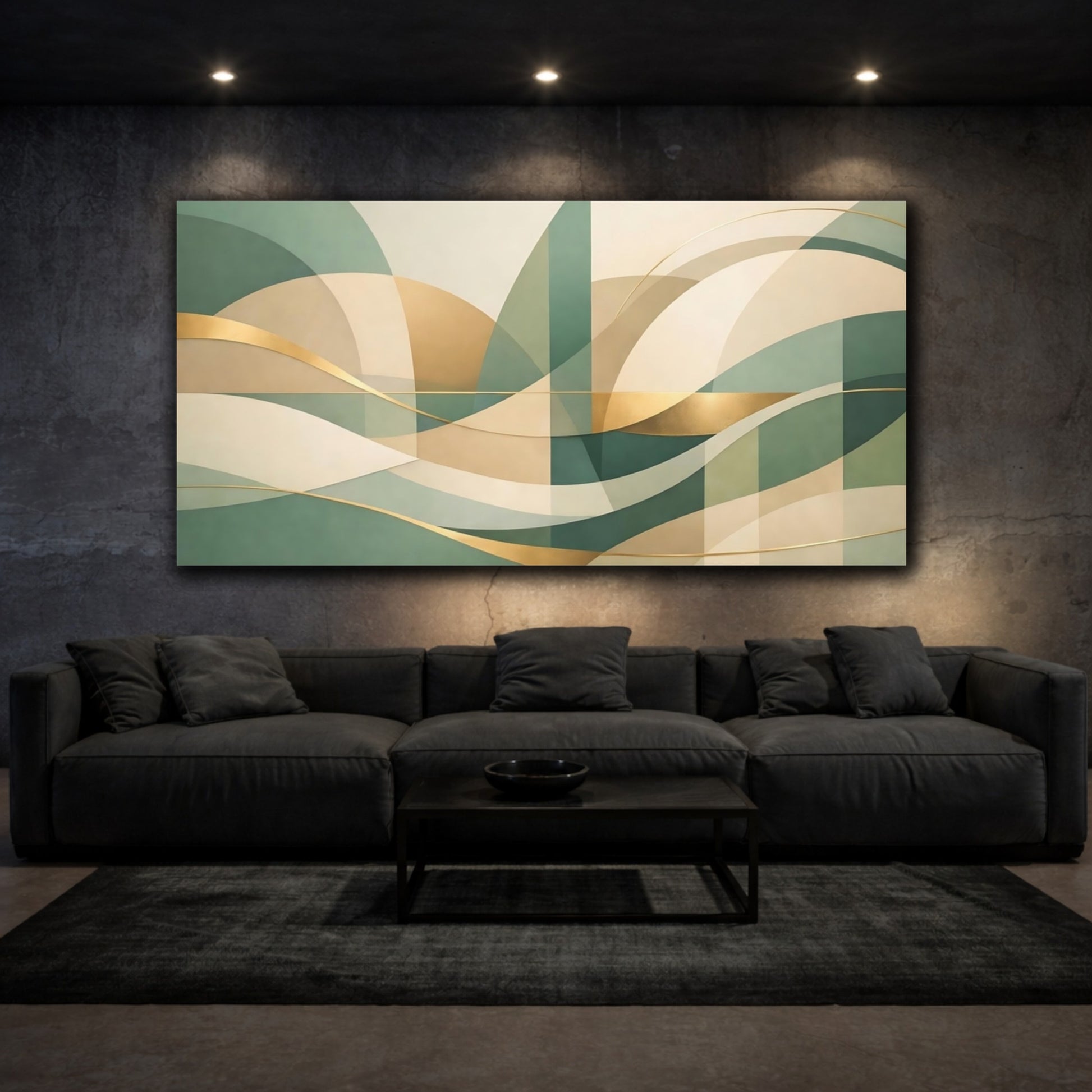 Mockup 2. Abstract Flowing Shapes Green Gold Abstract shown as stretched canvas wall art