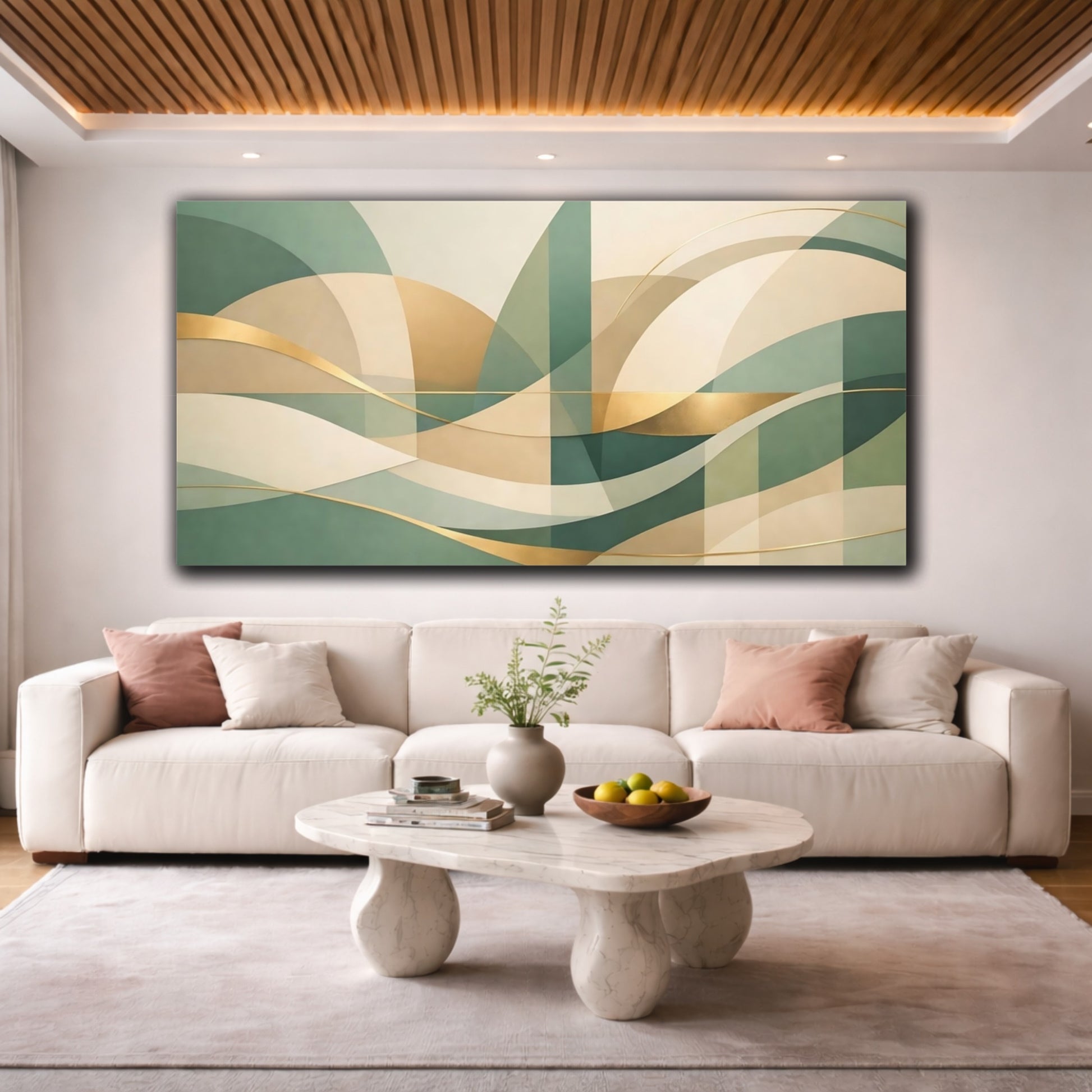 Mockup 3. Abstract Flowing Shapes Green Gold Abstract shown as stretched canvas wall art