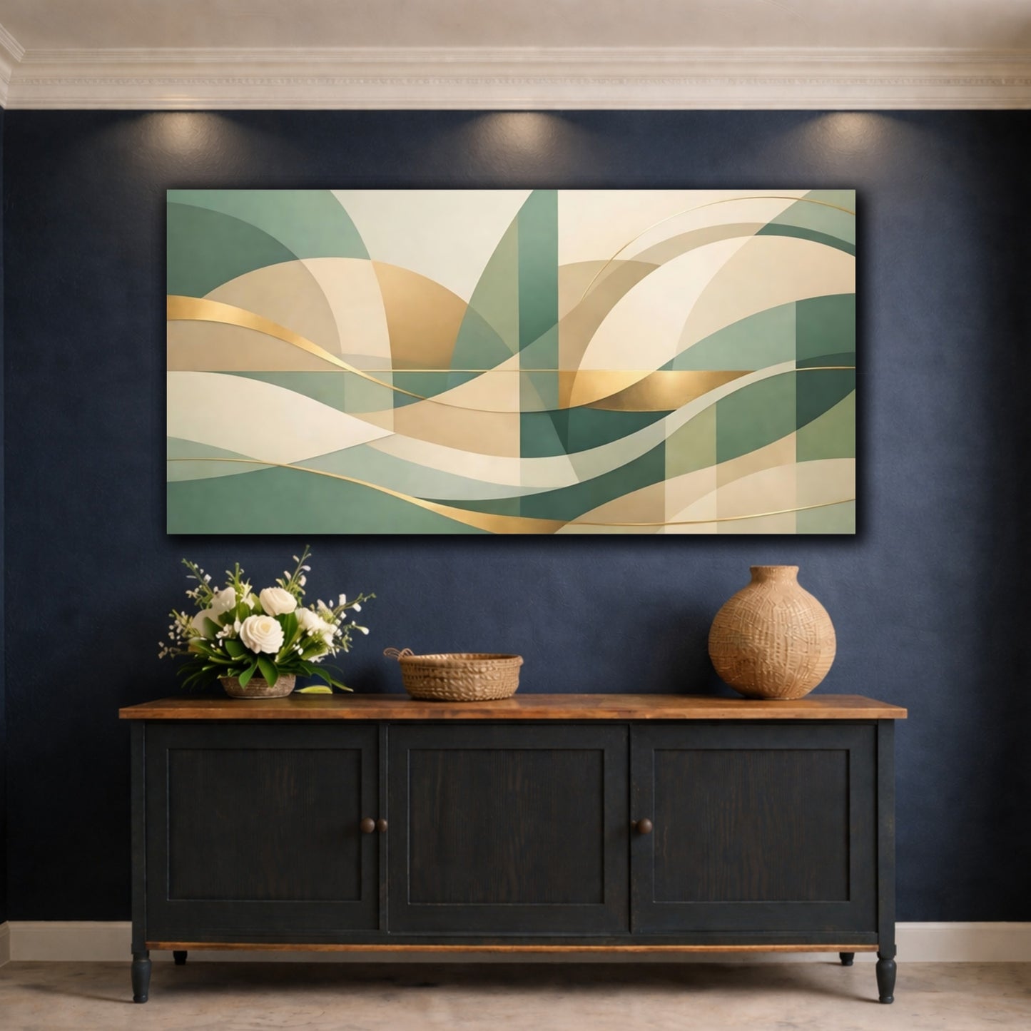 Mockup 4. Abstract Flowing Shapes Green Gold Abstract shown as stretched canvas wall art