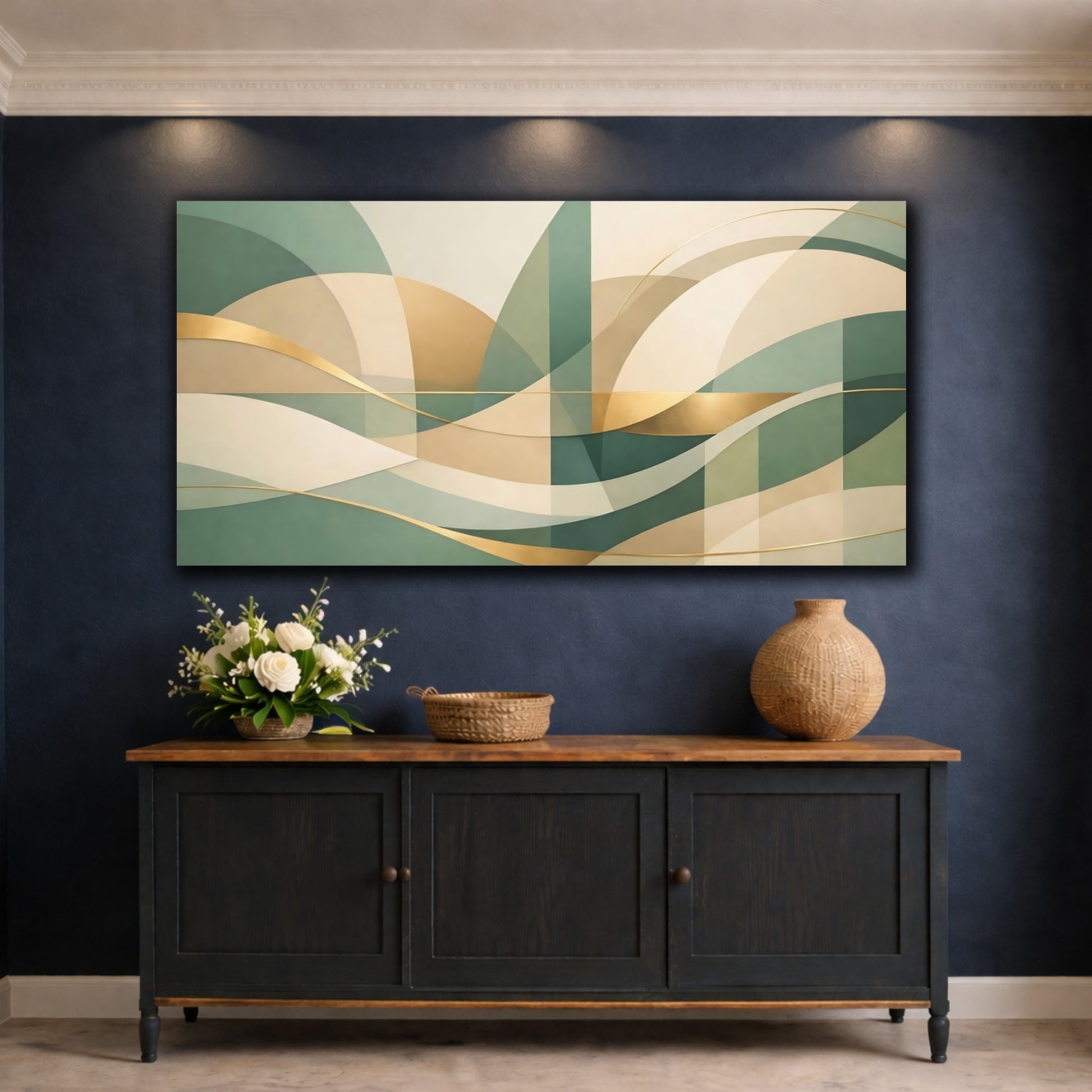 Mockup 4. Abstract Flowing Shapes Green Gold Abstract shown as stretched canvas wall art
