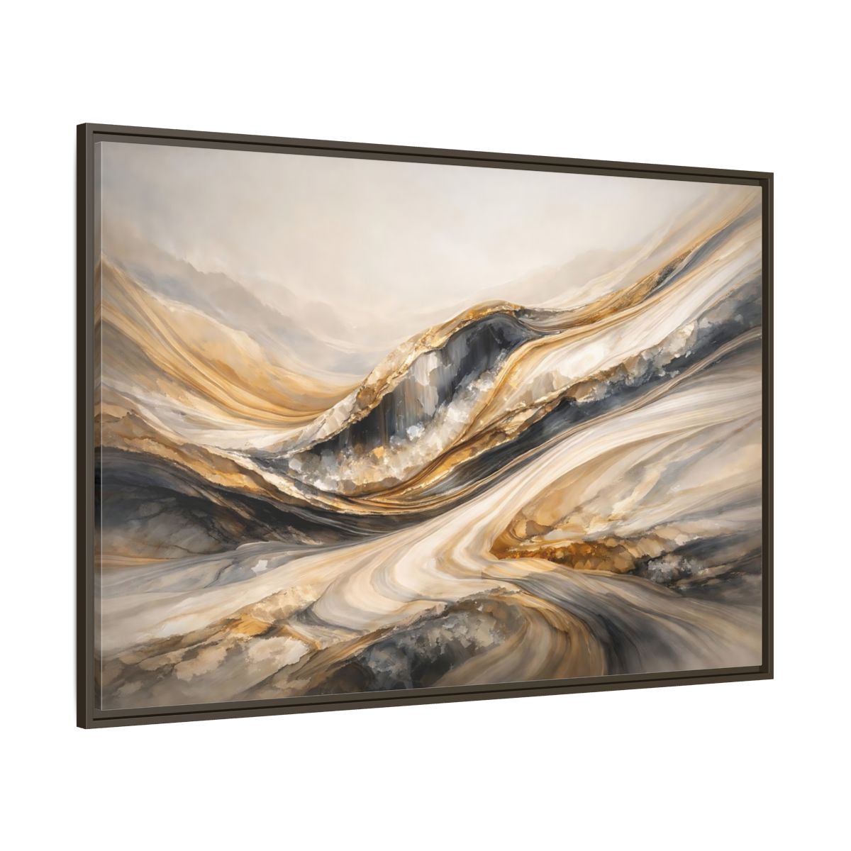 Main Mockup. Abstract Flowing Stone Gold Grey Abstract shown as stretched canvas wall art