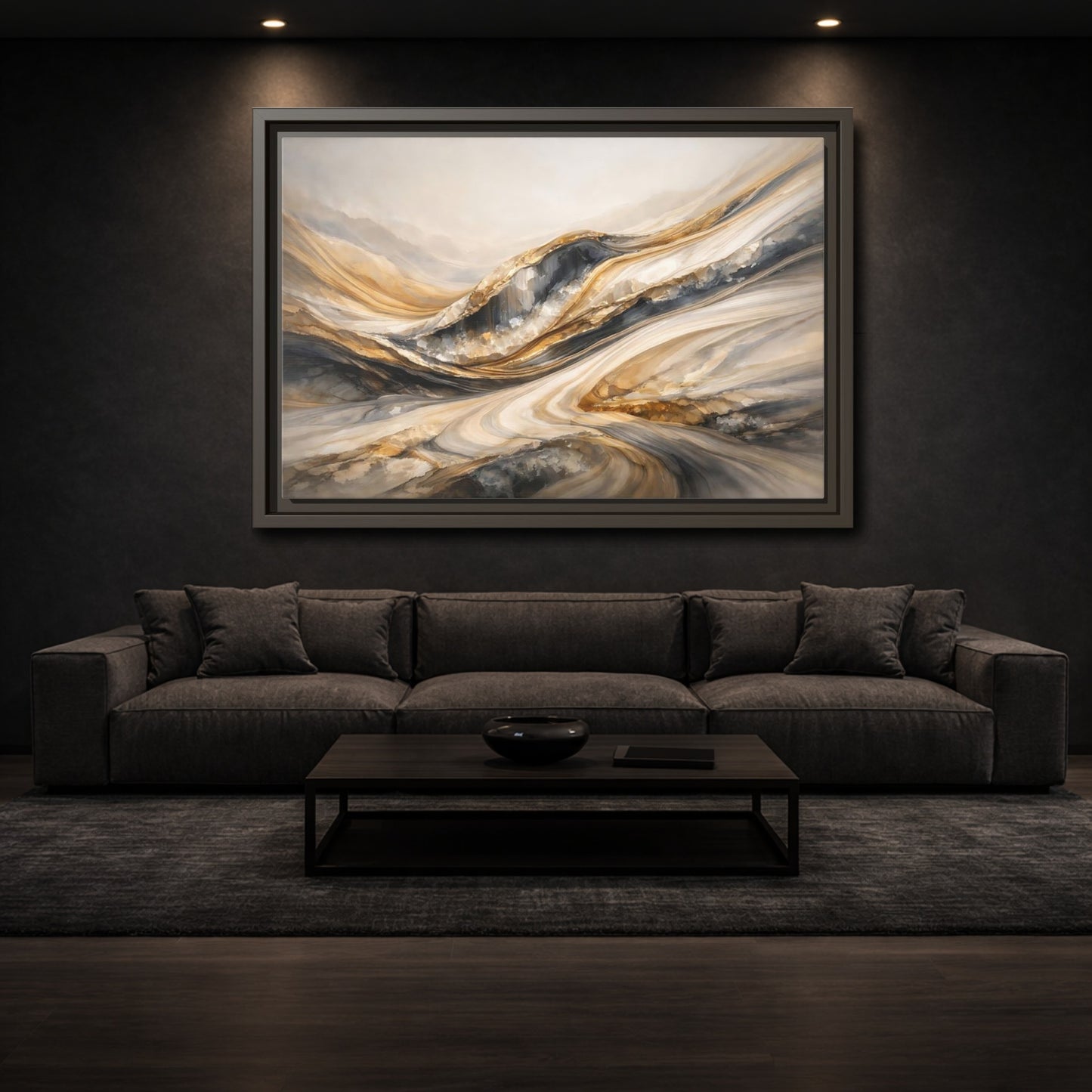 Mockup 2. Abstract Flowing Stone Gold Grey Abstract shown as stretched canvas wall art