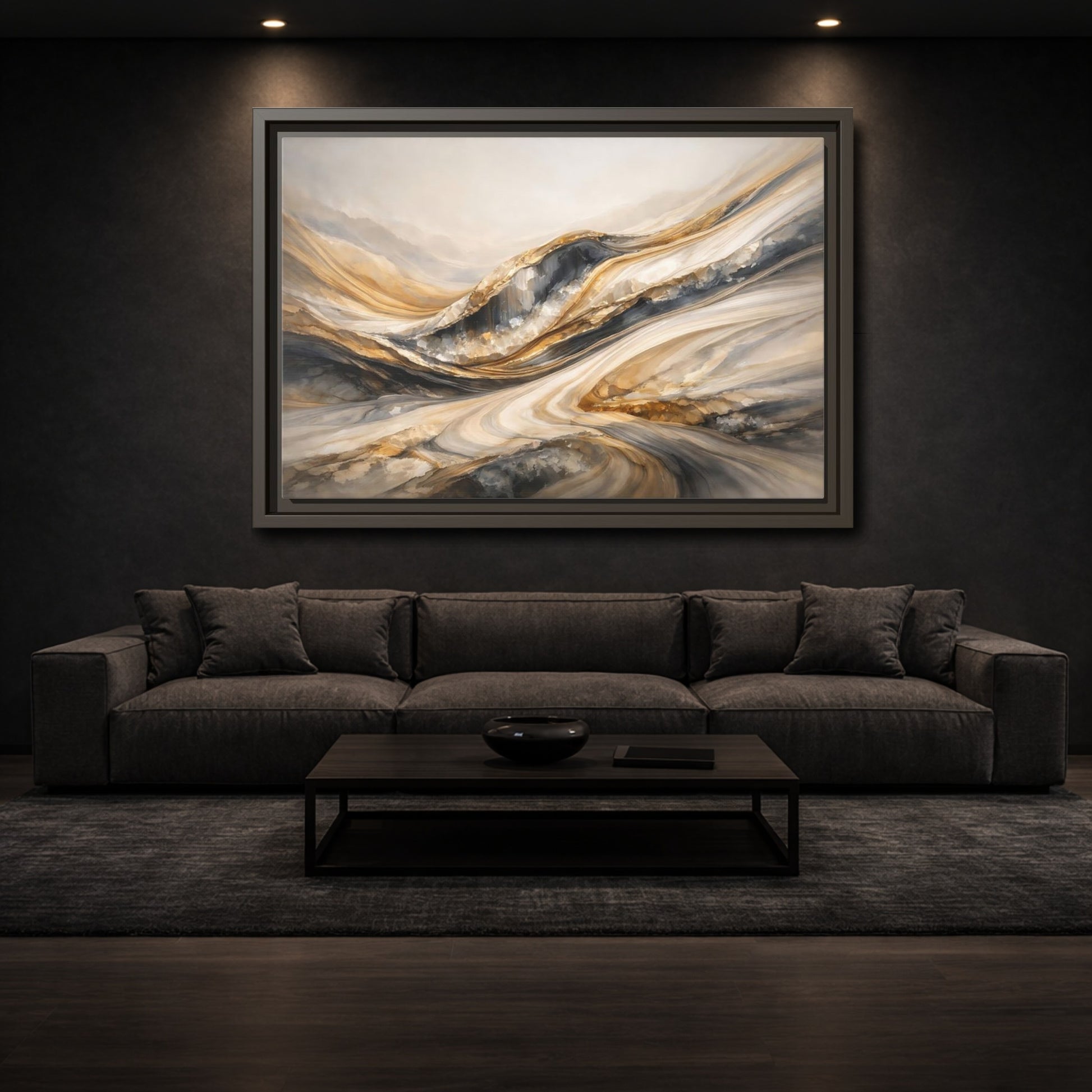Mockup 2. Abstract Flowing Stone Gold Grey Abstract shown as stretched canvas wall art