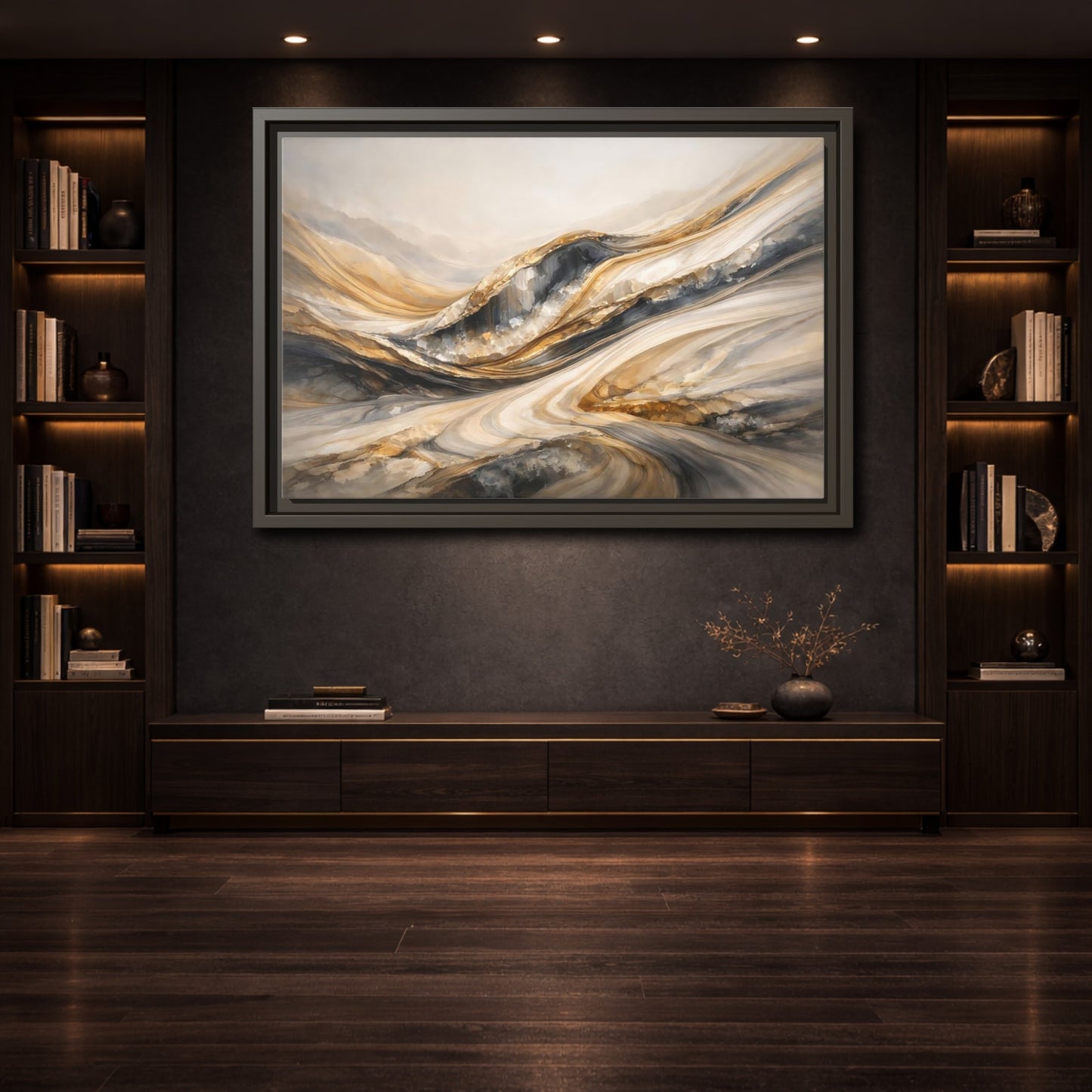 Mockup 3. Abstract Flowing Stone Gold Grey Abstract shown as stretched canvas wall art