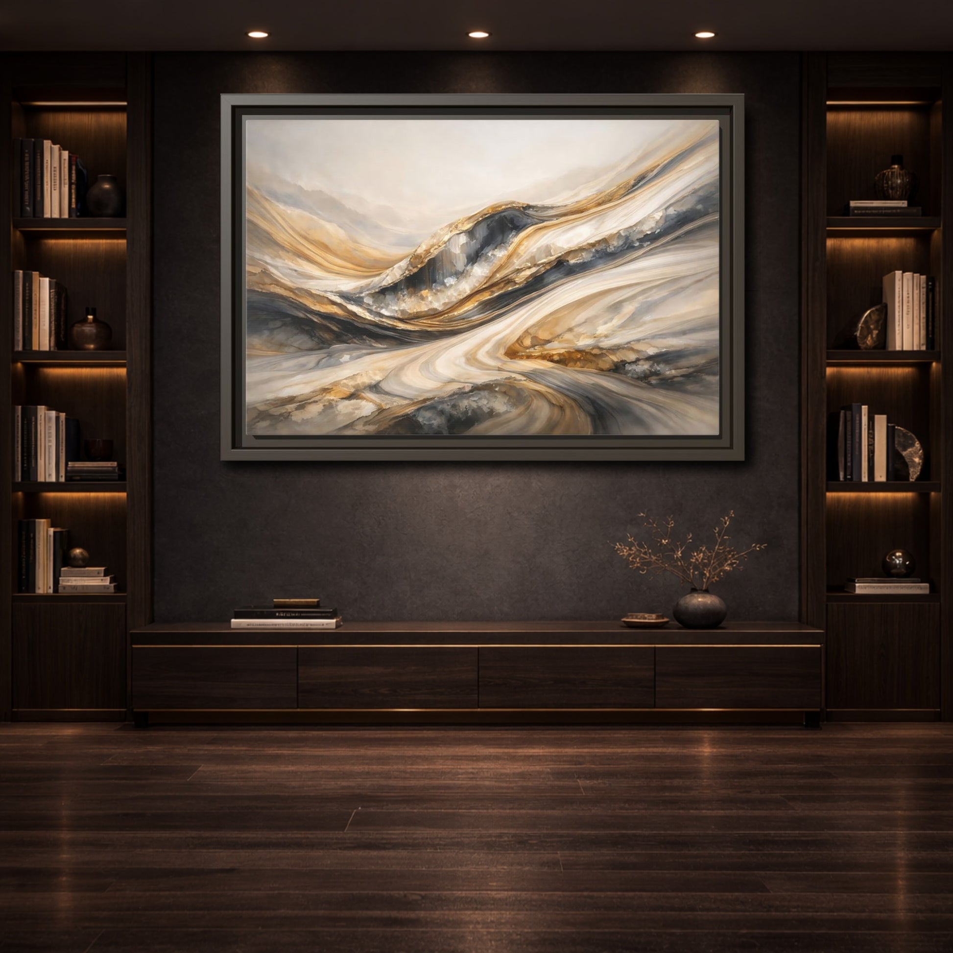 Mockup 3. Abstract Flowing Stone Gold Grey Abstract shown as stretched canvas wall art