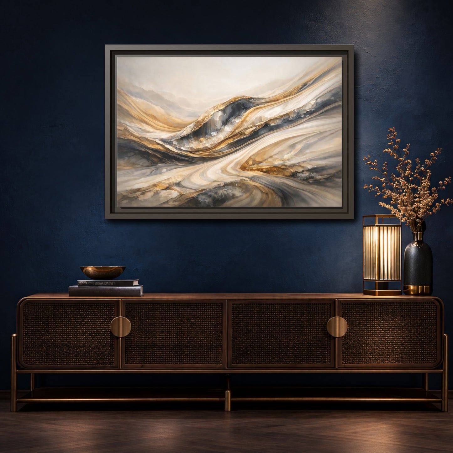 Mockup 4. Abstract Flowing Stone Gold Grey Abstract shown as stretched canvas wall art