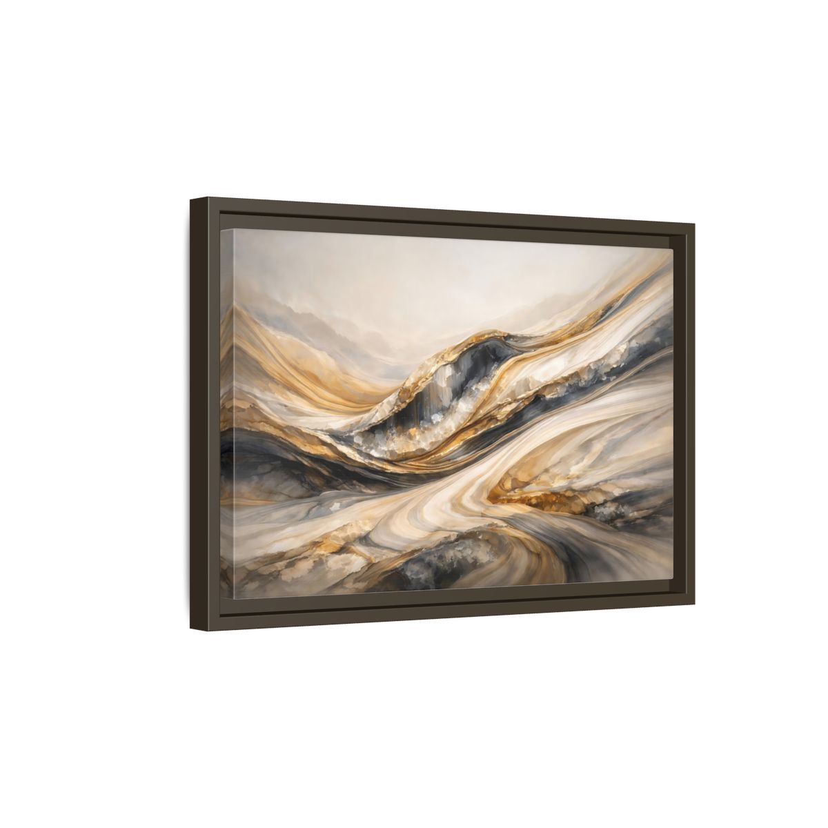 Side Mockup 5. Abstract Flowing Stone Gold Grey Abstract shown as stretched canvas wall art