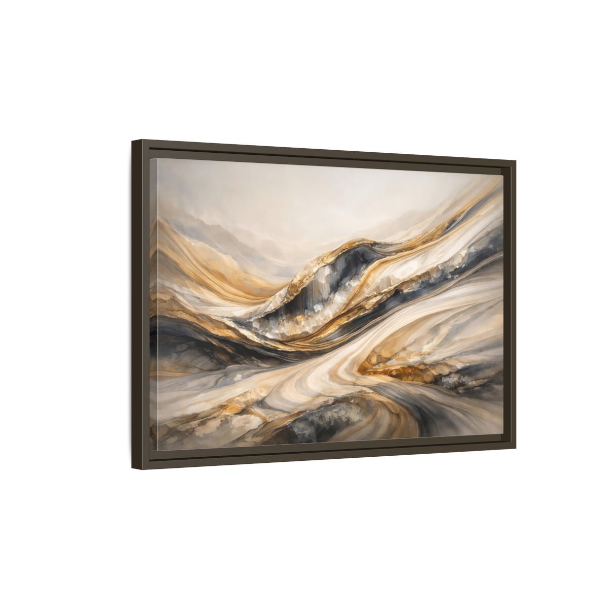Side Mockup 2. Abstract Flowing Stone Gold Grey Abstract shown as stretched canvas wall art