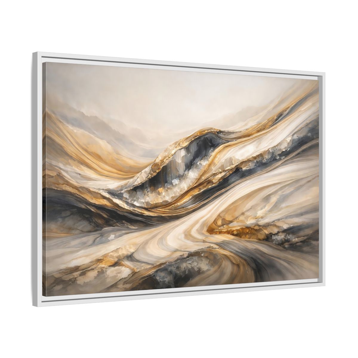 Side Mockup 8. Abstract Flowing Stone Gold Grey Abstract shown as stretched canvas wall art
