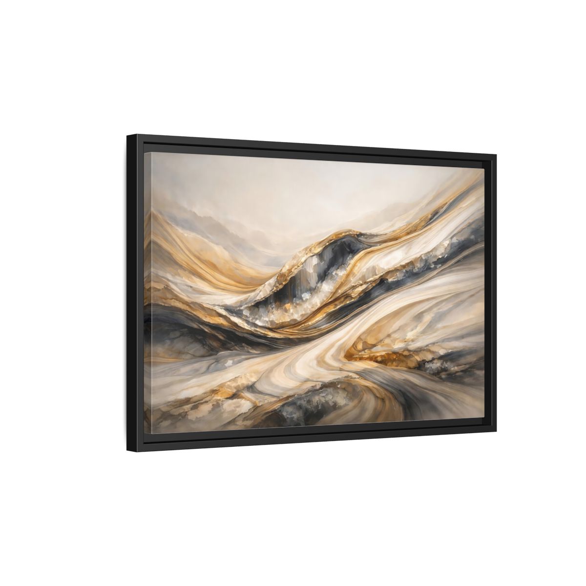 Side Mockup 3. Abstract Flowing Stone Gold Grey Abstract shown as stretched canvas wall art
