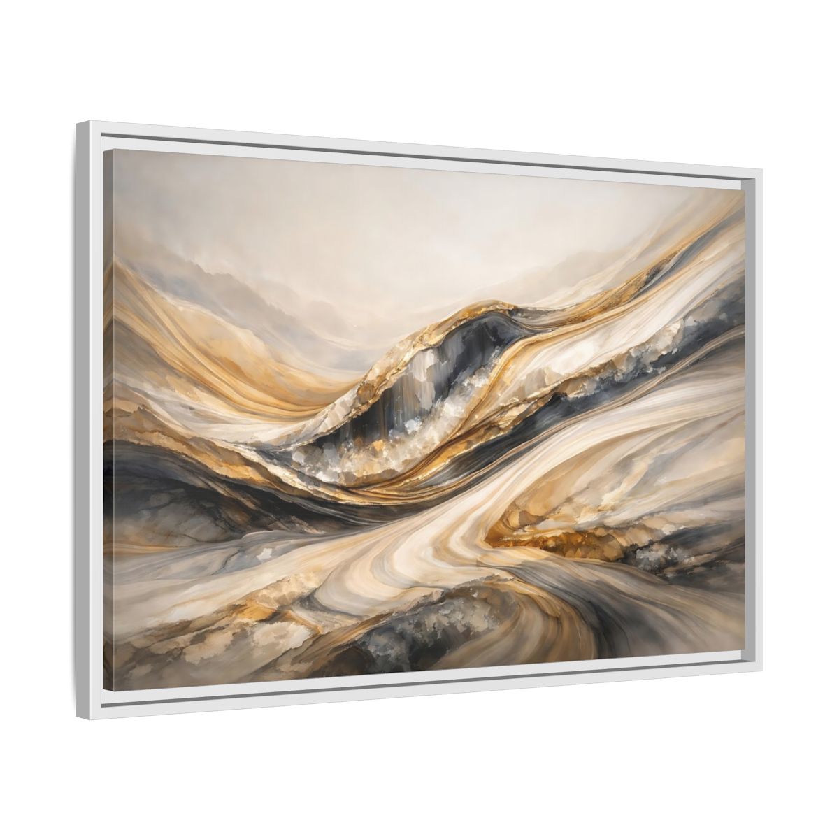 Side Mockup 10. Abstract Flowing Stone Gold Grey Abstract shown as stretched canvas wall art