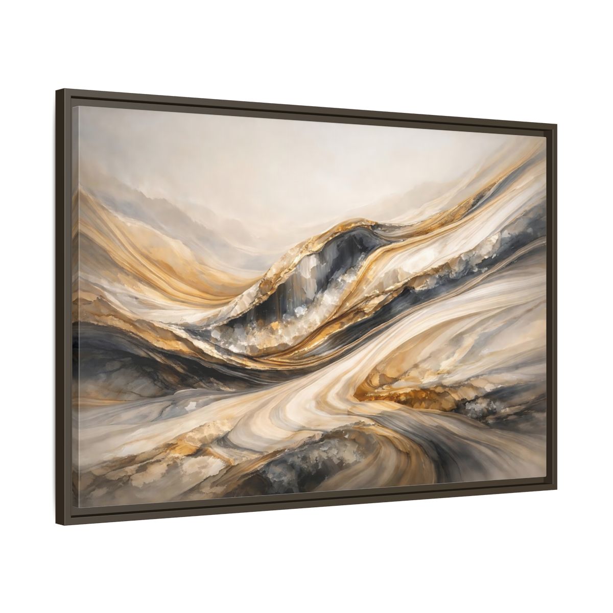 Side Mockup 9. Abstract Flowing Stone Gold Grey Abstract shown as stretched canvas wall art