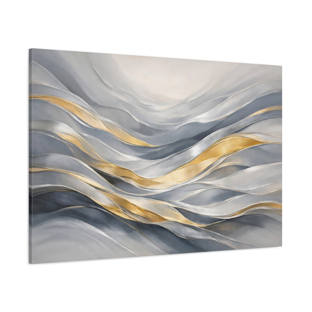 Main Mockup. Abstract Flowing Waves Gray Gold Waves shown as stretched canvas wall art