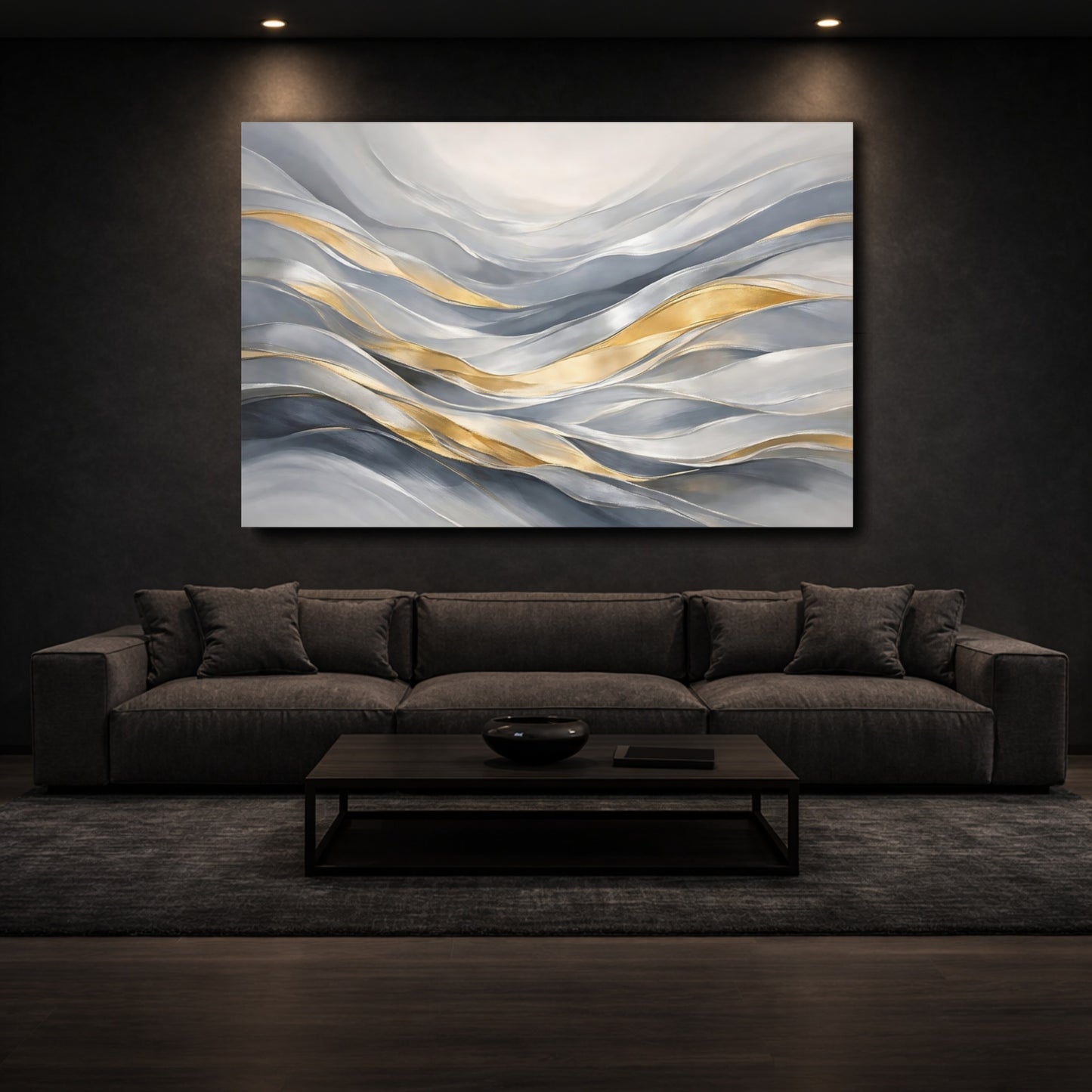 Mockup 2. Abstract Flowing Waves Gray Gold Waves shown as stretched canvas wall art