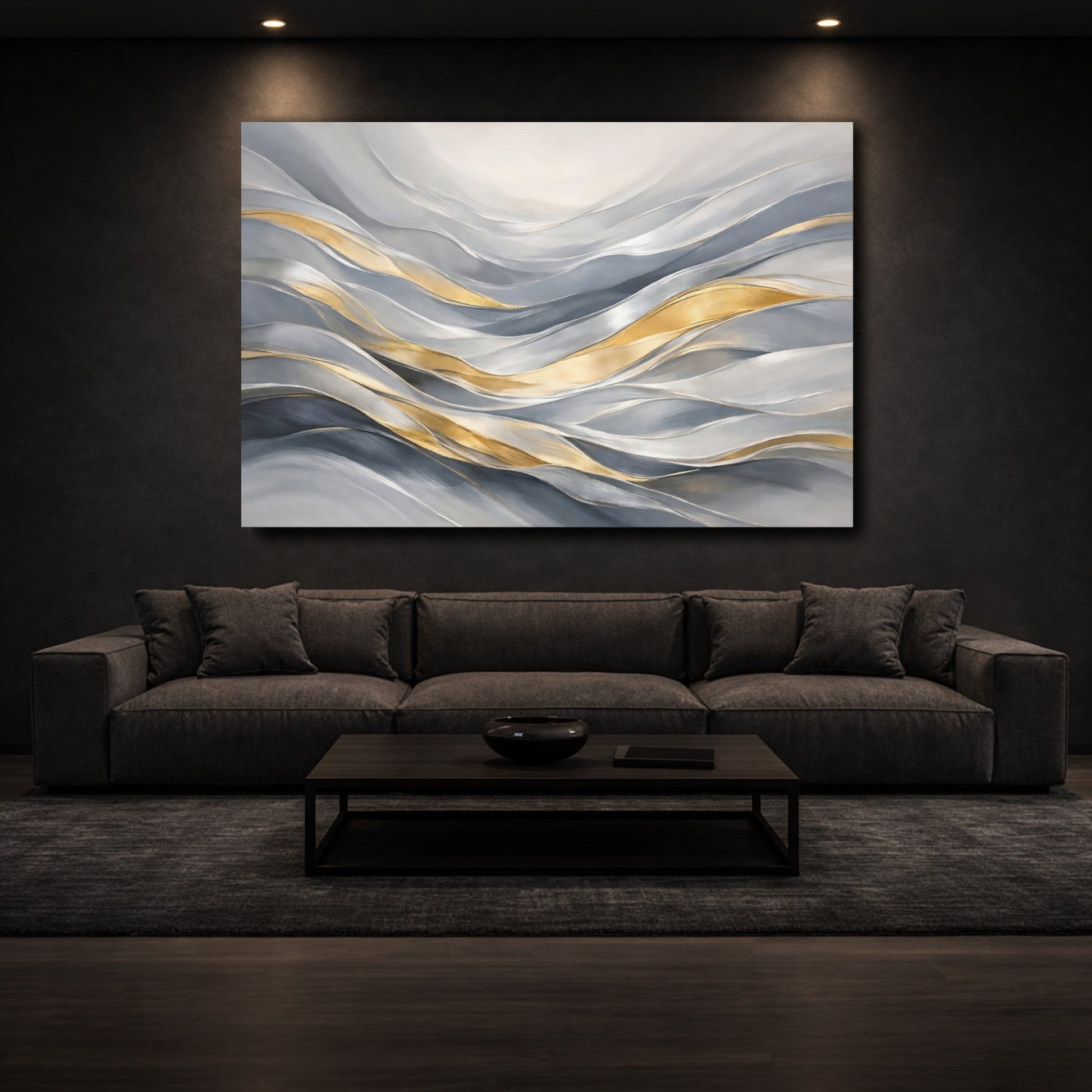 Mockup 2. Abstract Flowing Waves Gray Gold Waves shown as stretched canvas wall art