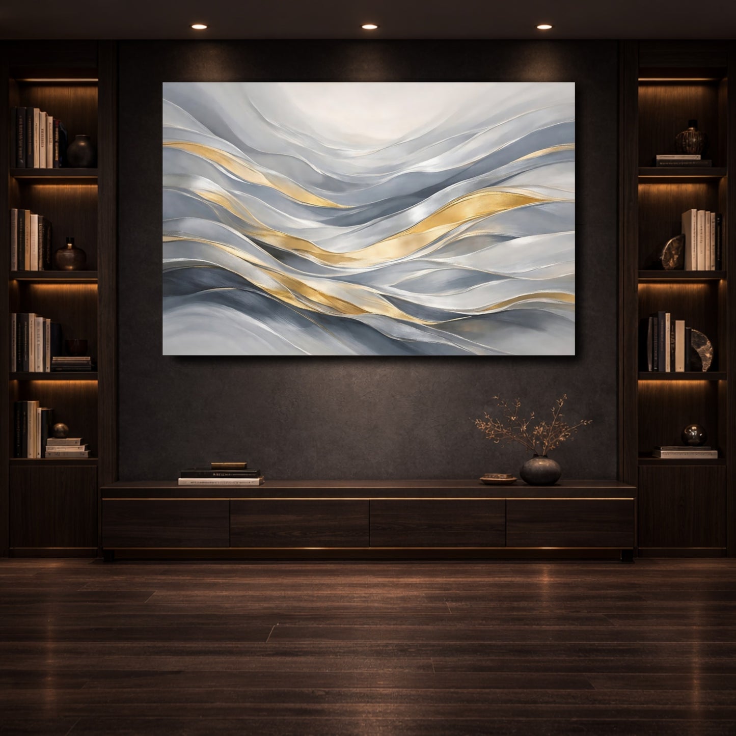 Mockup 3. Abstract Flowing Waves Gray Gold Waves shown as stretched canvas wall art