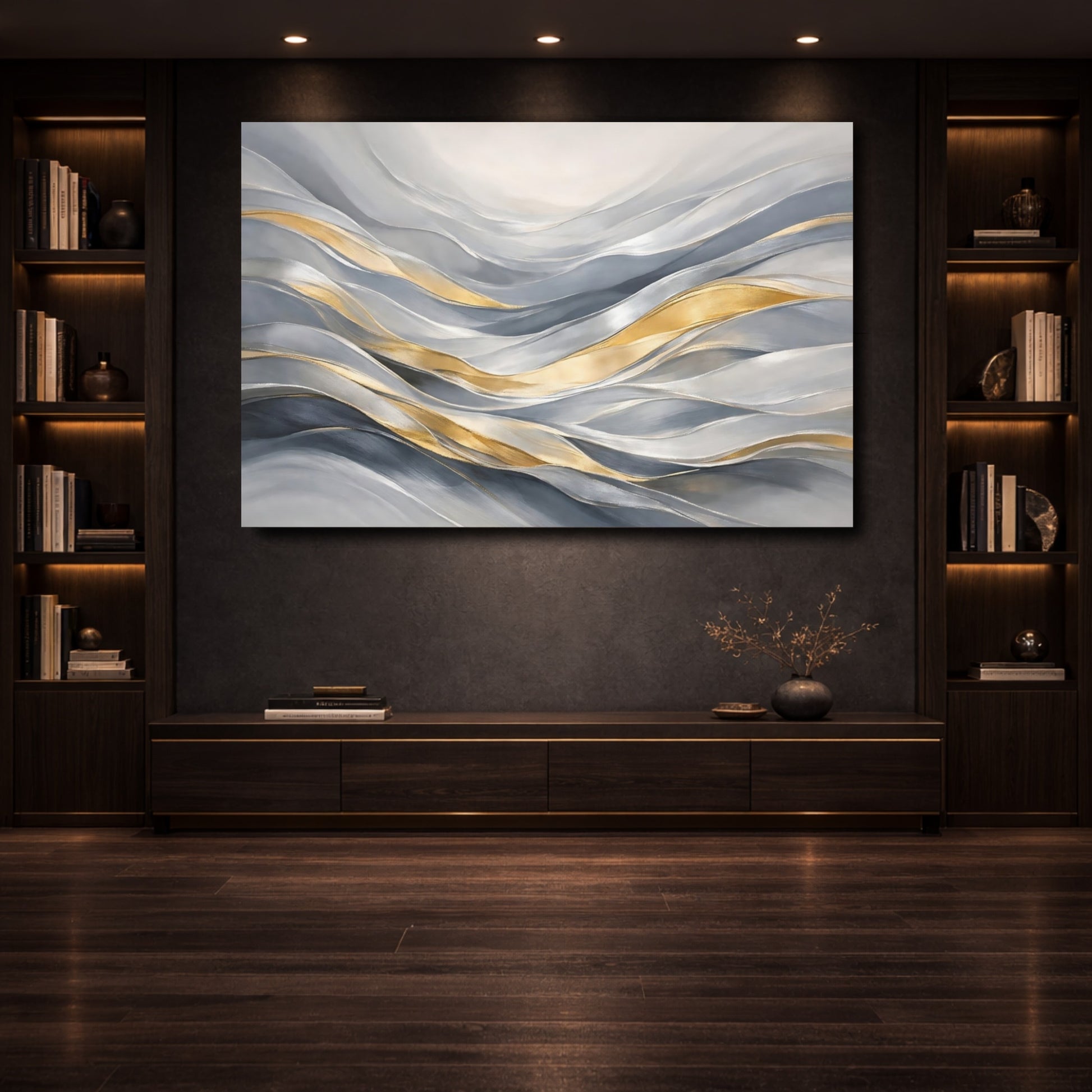 Mockup 3. Abstract Flowing Waves Gray Gold Waves shown as stretched canvas wall art