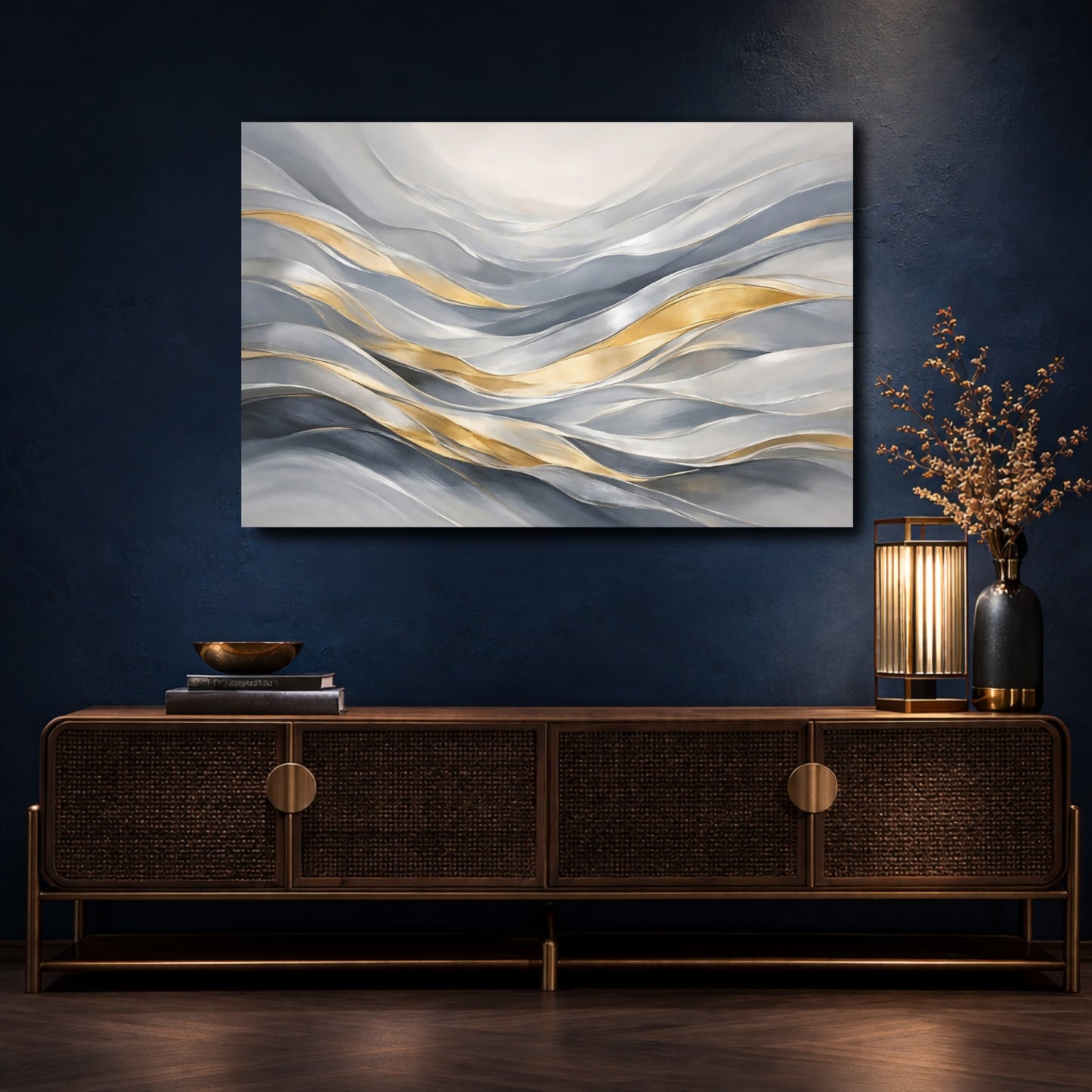 Mockup 4. Abstract Flowing Waves Gray Gold Waves shown as stretched canvas wall art