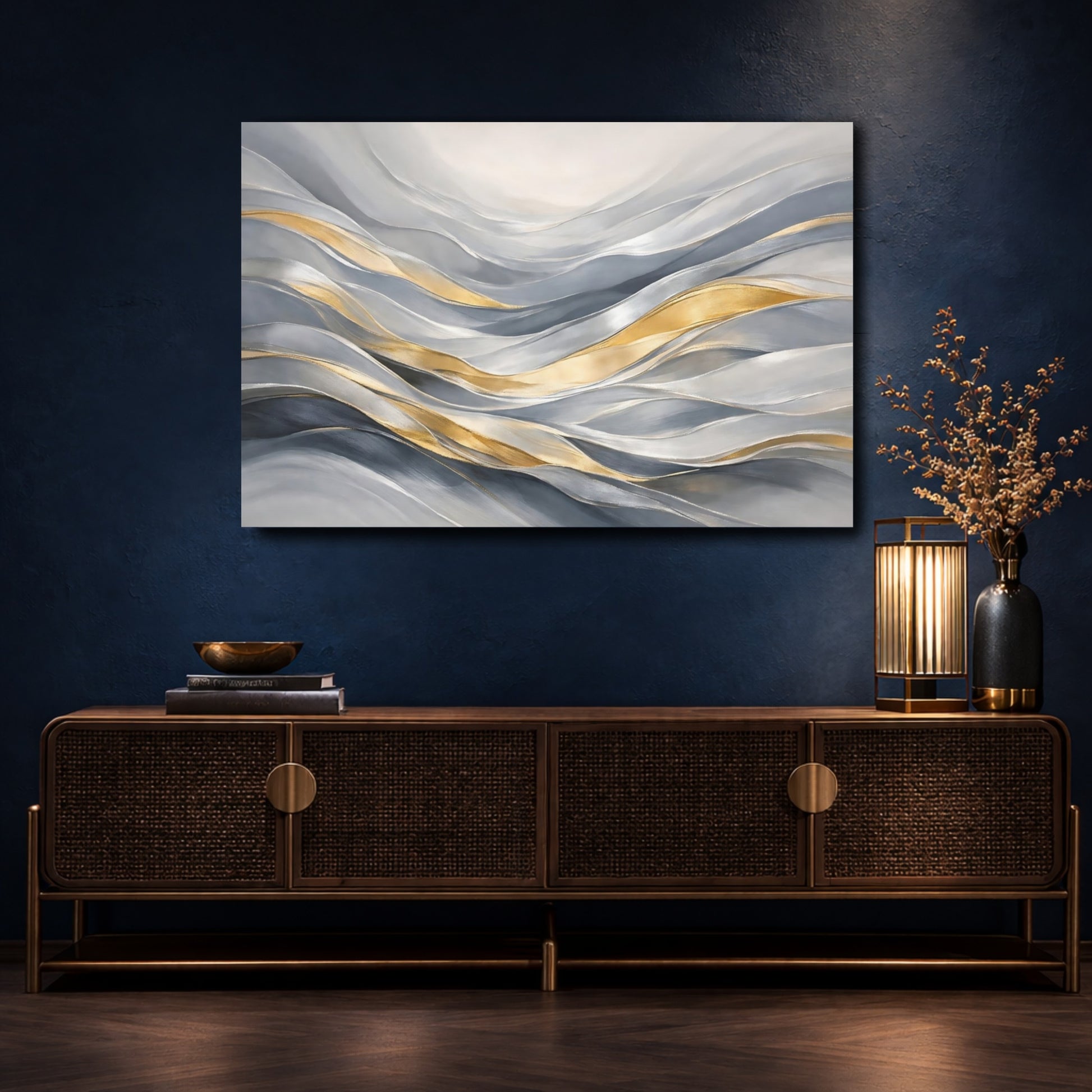 Mockup 4. Abstract Flowing Waves Gray Gold Waves shown as stretched canvas wall art