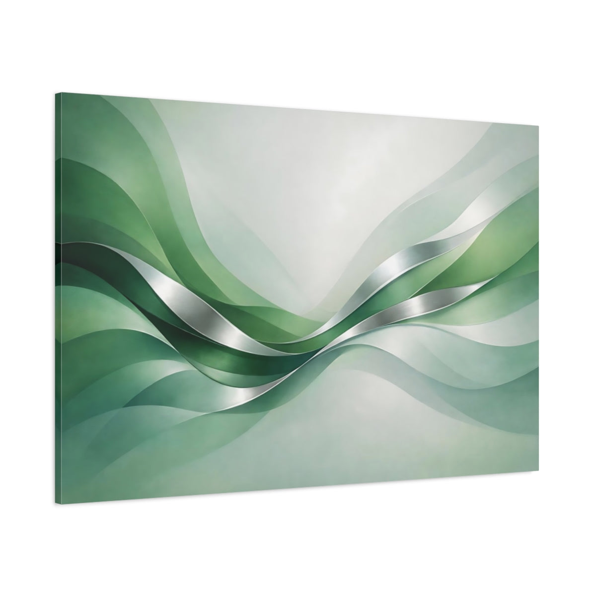 Main Mockup. Abstract Flowing Waves Green And Silver shown as stretched canvas wall art