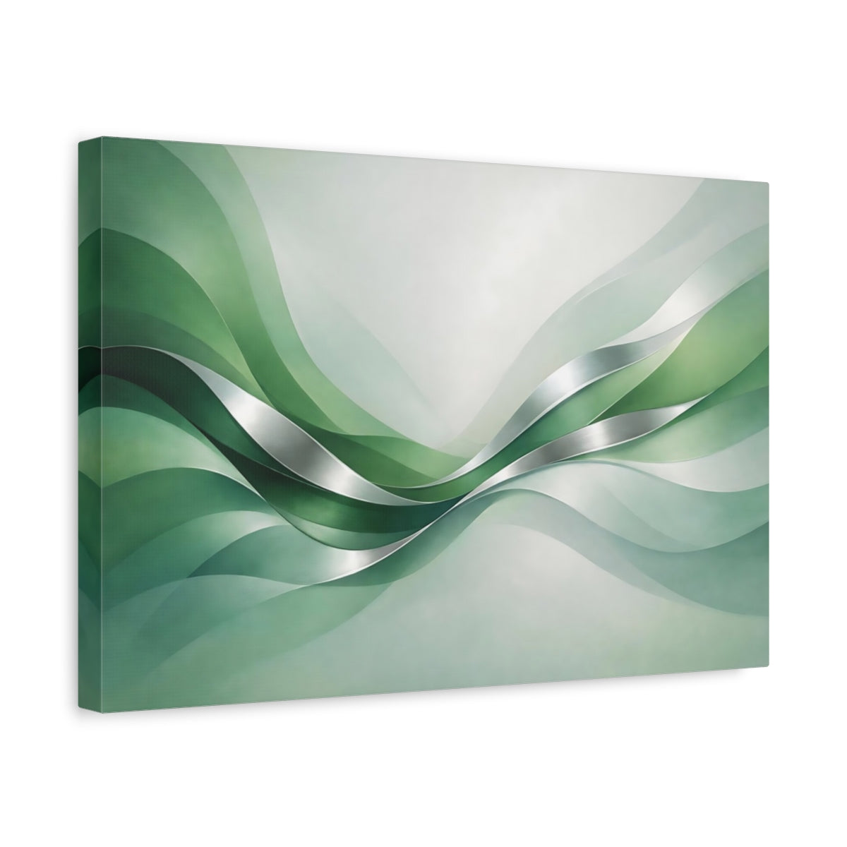 Side Mockup 4. Abstract Flowing Waves Green And Silver shown as stretched canvas wall art