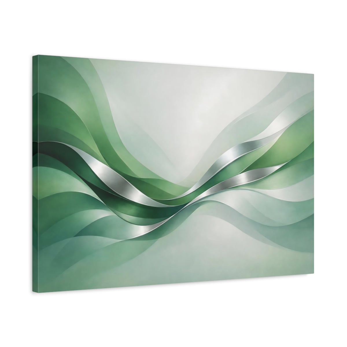 Side Mockup 2. Abstract Flowing Waves Green And Silver shown as stretched canvas wall art