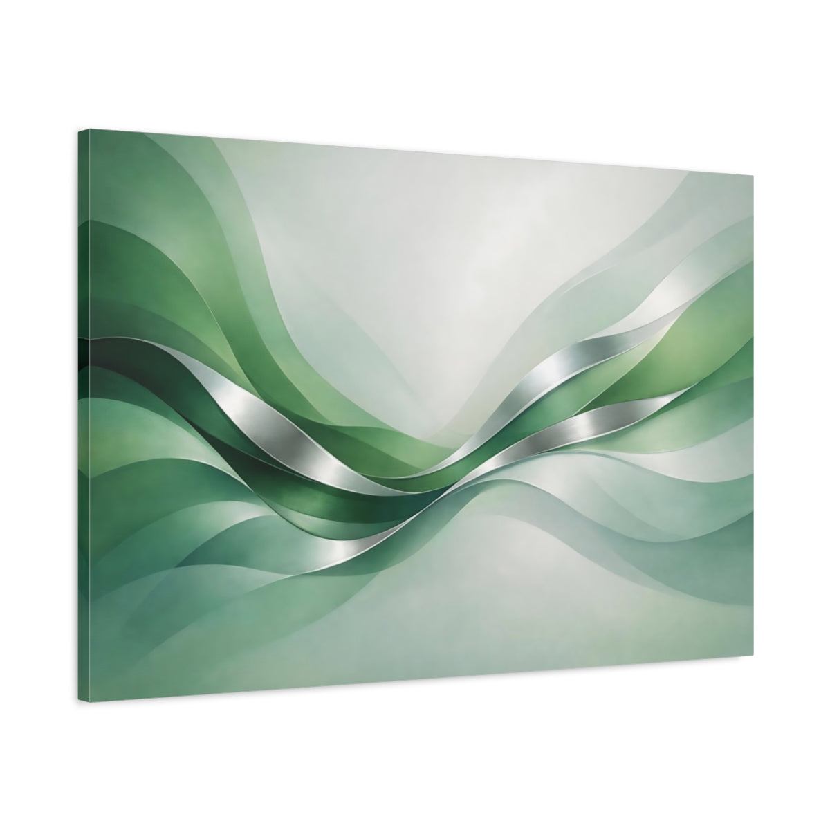 Side Mockup 1. Abstract Flowing Waves Green And Silver shown as stretched canvas wall art