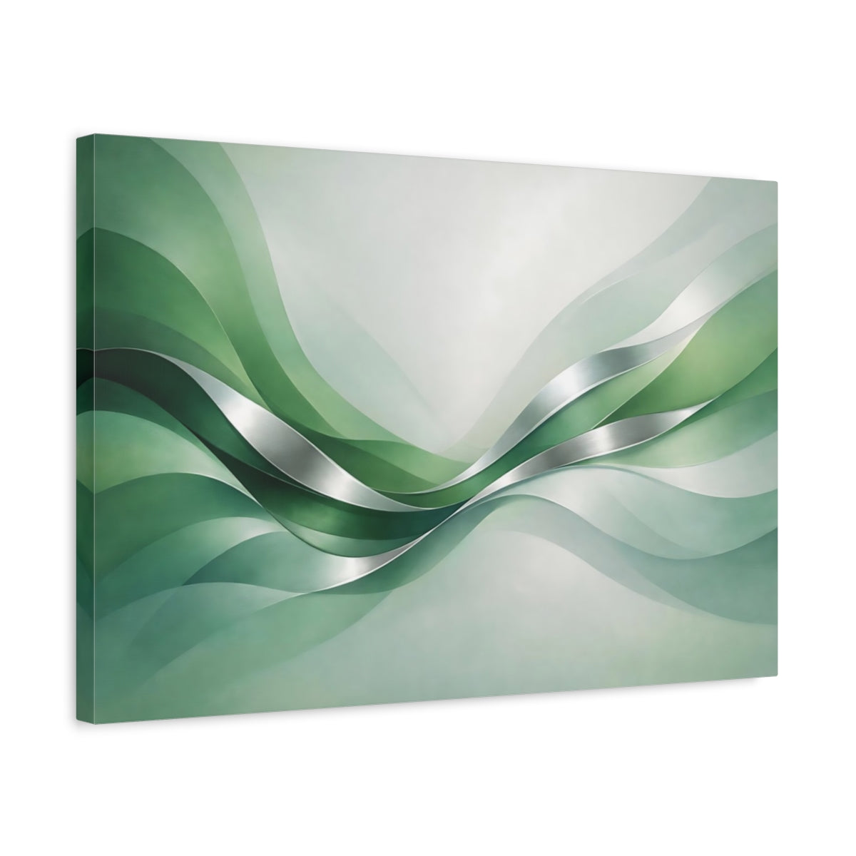 Side Mockup 3. Abstract Flowing Waves Green And Silver shown as stretched canvas wall art