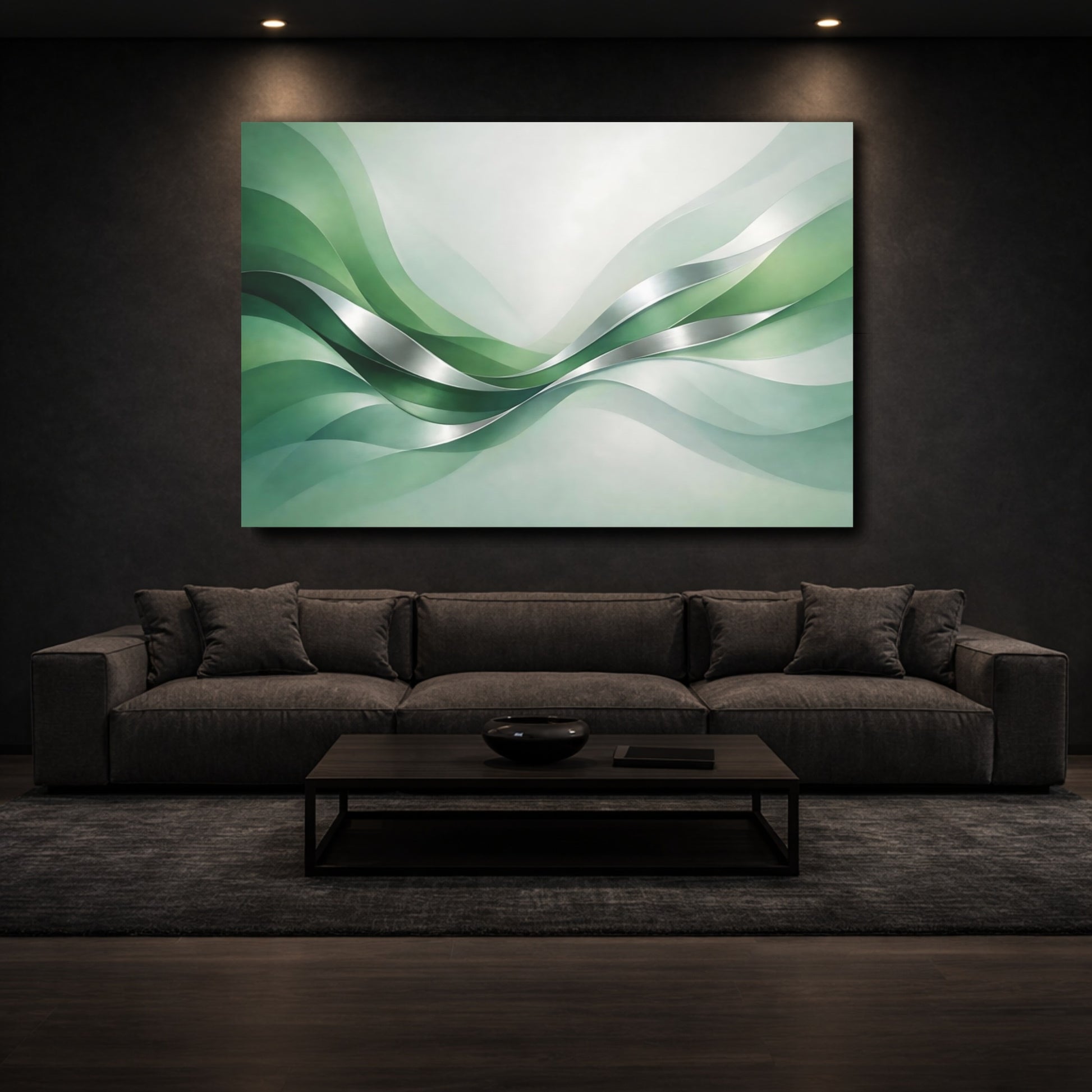 Mockup 2. Abstract Flowing Waves Green And Silver shown as stretched canvas wall art