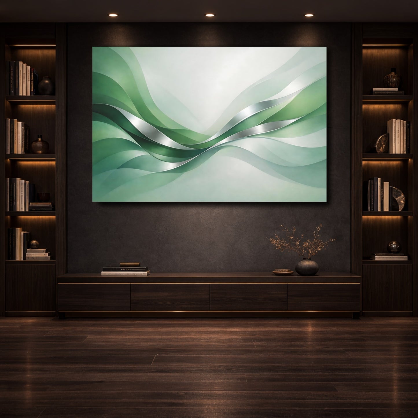 Mockup 3. Abstract Flowing Waves Green And Silver shown as stretched canvas wall art