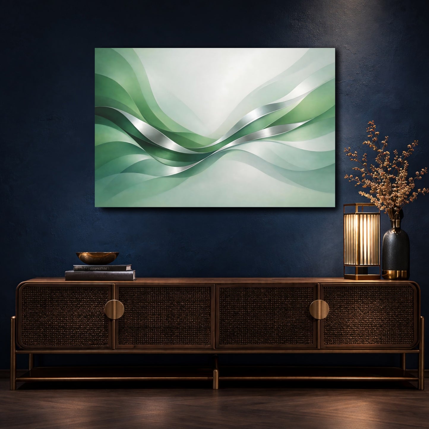 Mockup 4. Abstract Flowing Waves Green And Silver shown as stretched canvas wall art
