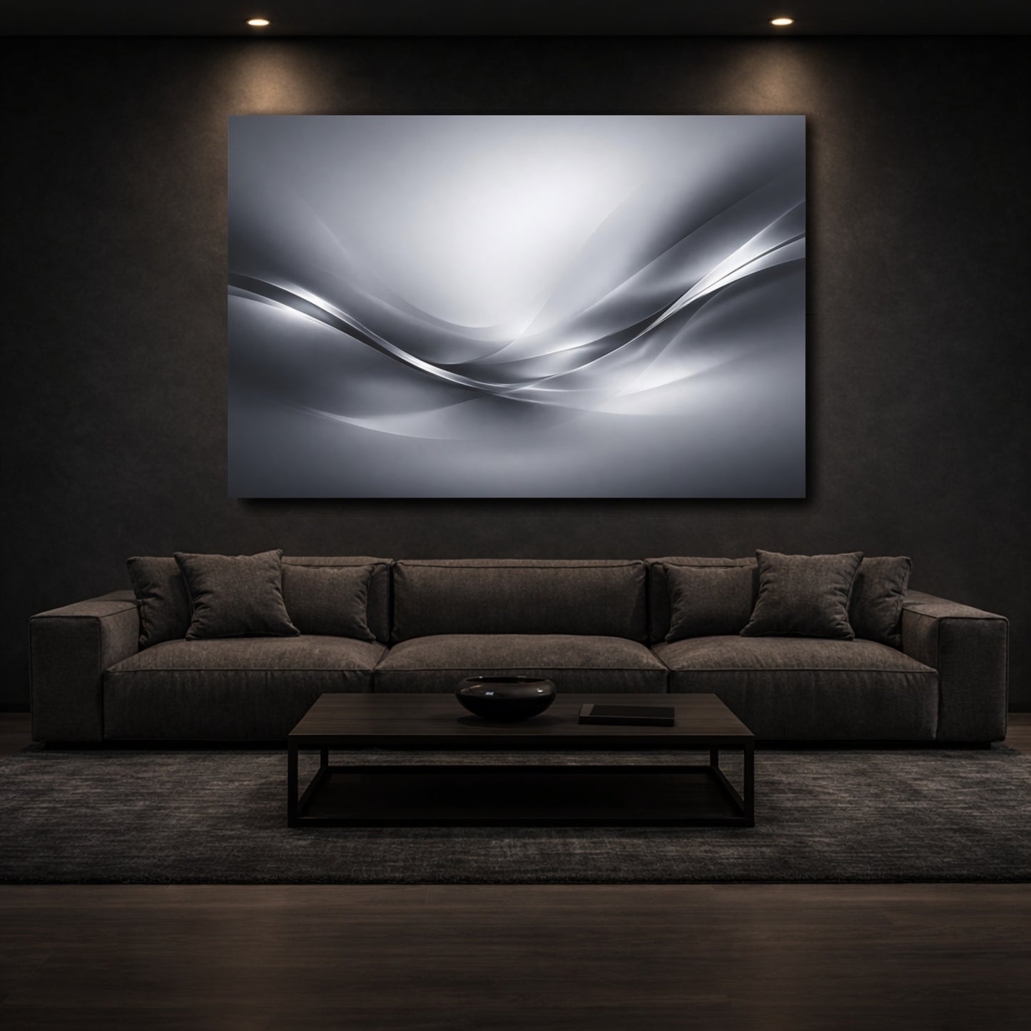 Mockup 2. Abstract Flowing Waves Silver Gray Waves shown as stretched canvas wall art