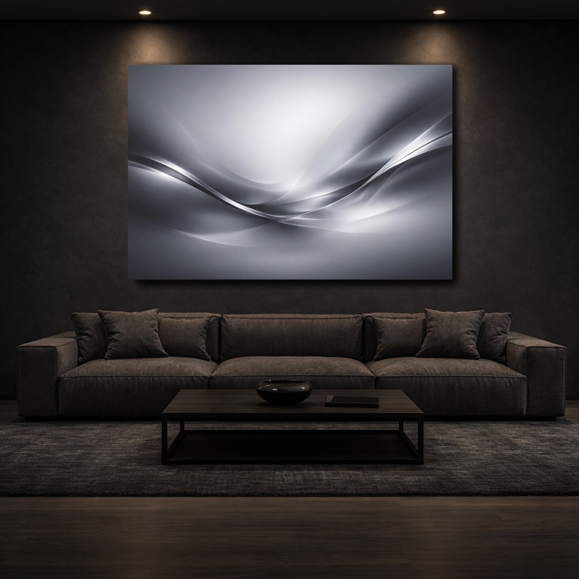 Mockup 2. Abstract Flowing Waves Silver Gray Waves shown as stretched canvas wall art
