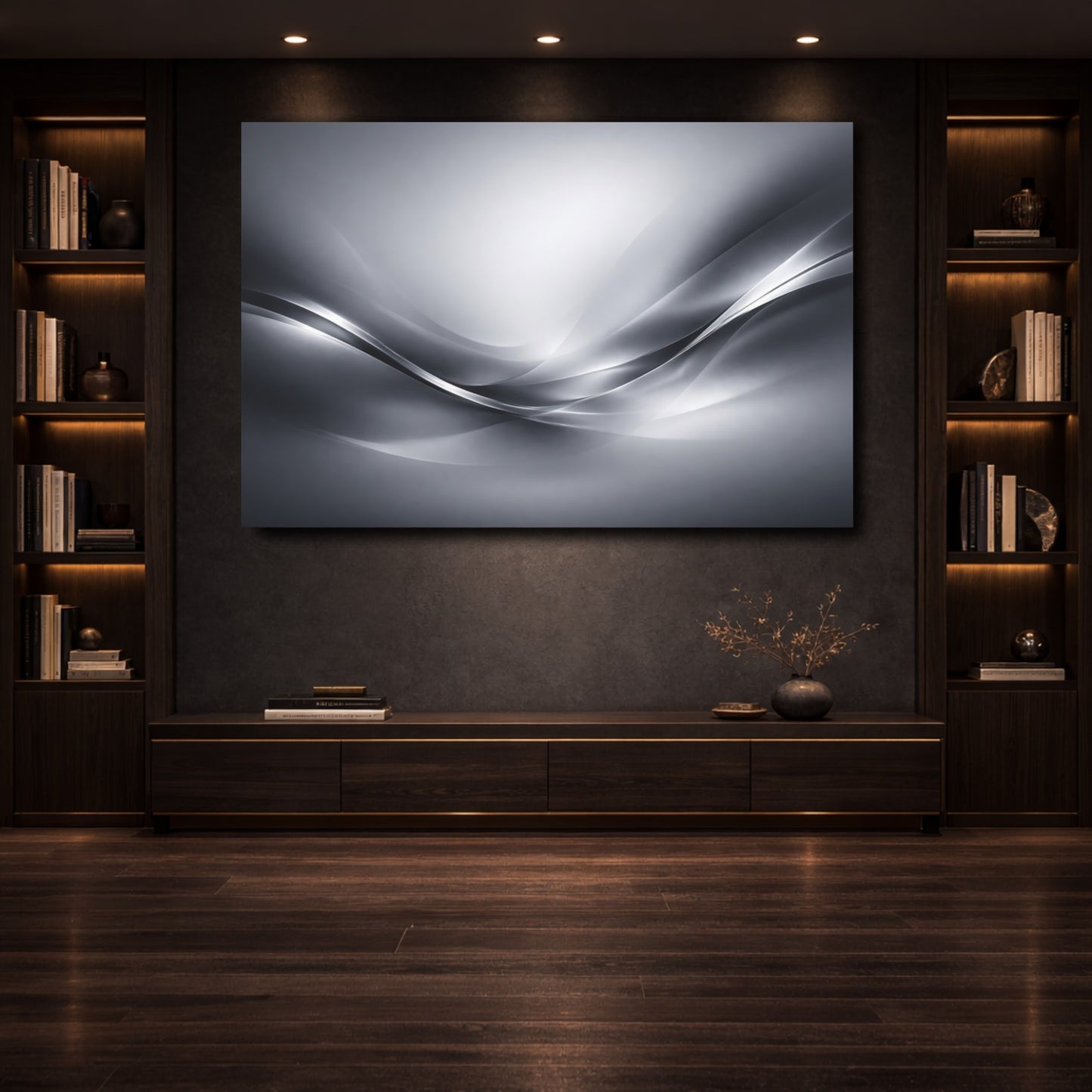 Mockup 3. Abstract Flowing Waves Silver Gray Waves shown as stretched canvas wall art