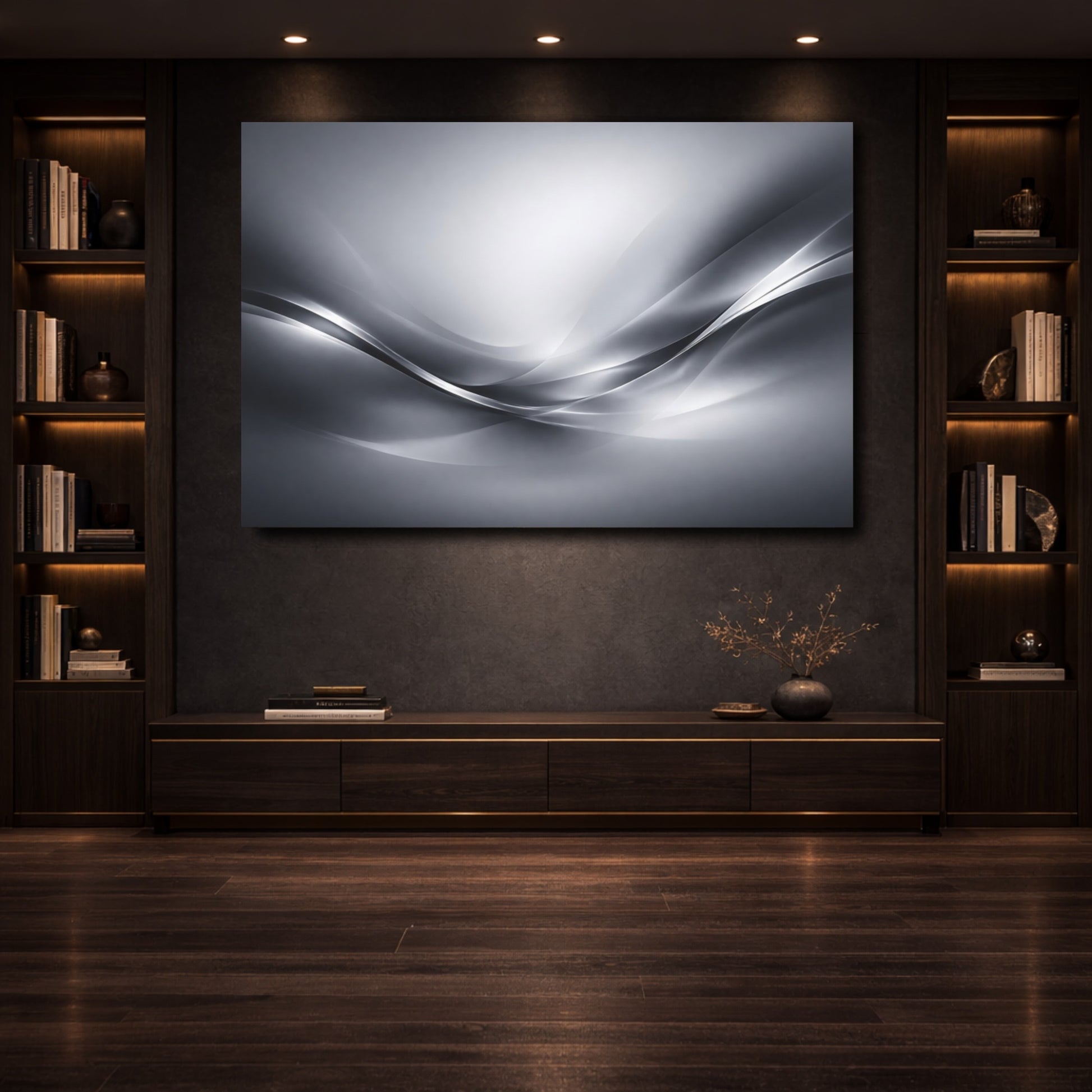 Mockup 3. Abstract Flowing Waves Silver Gray Waves shown as stretched canvas wall art