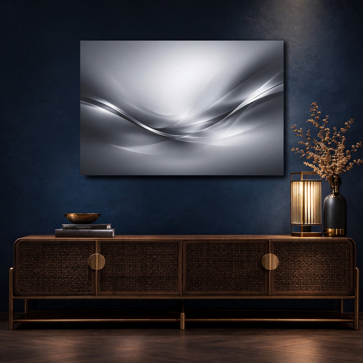 Mockup 4. Abstract Flowing Waves Silver Gray Waves shown as stretched canvas wall art