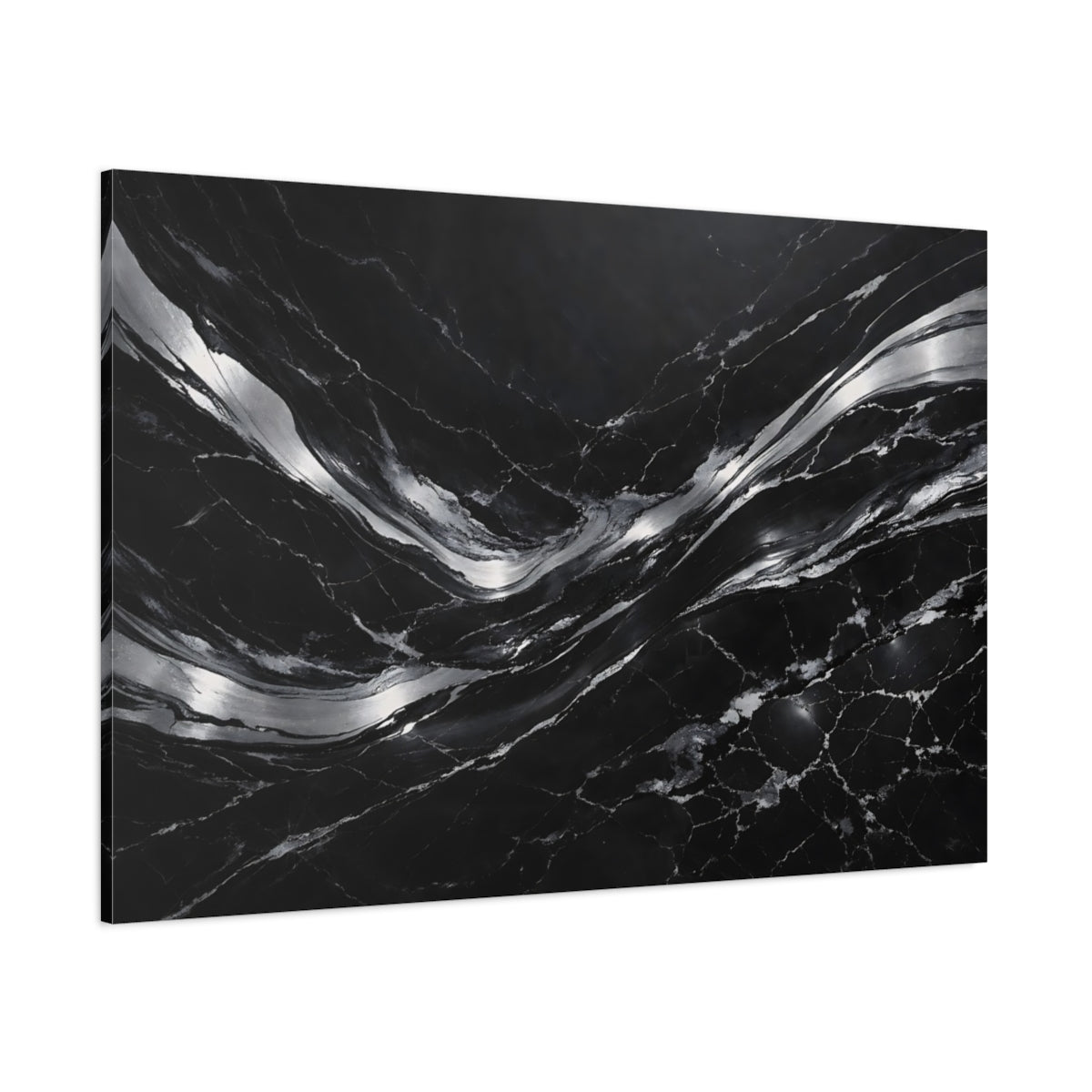 Main Mockup. Abstract Fluid Abstract Black And Silver shown as stretched canvas wall art