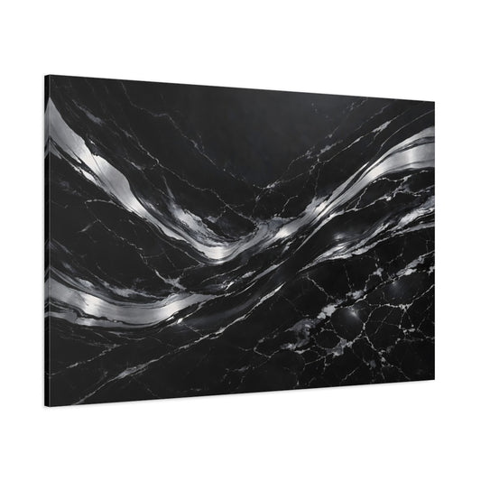 Main Mockup. Abstract Fluid Abstract Black And Silver shown as stretched canvas wall art