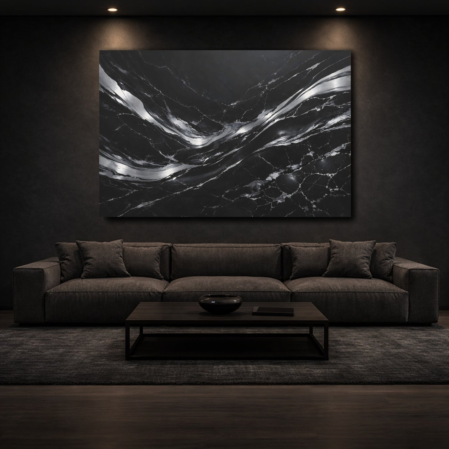 Mockup 2. Abstract Fluid Abstract Black And Silver shown as stretched canvas wall art