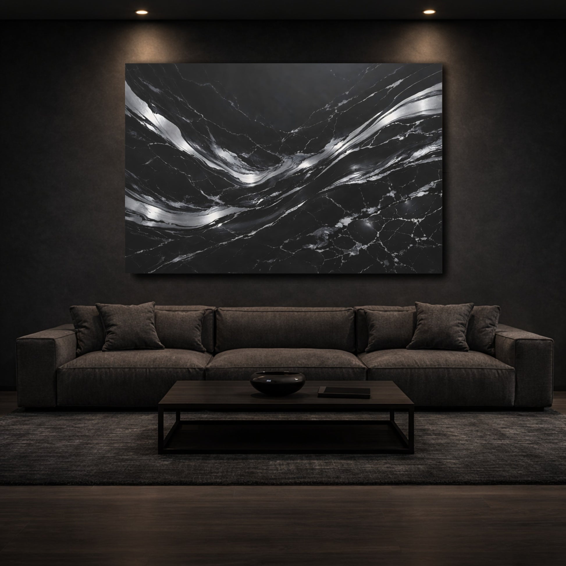 Mockup 2. Abstract Fluid Abstract Black And Silver shown as stretched canvas wall art