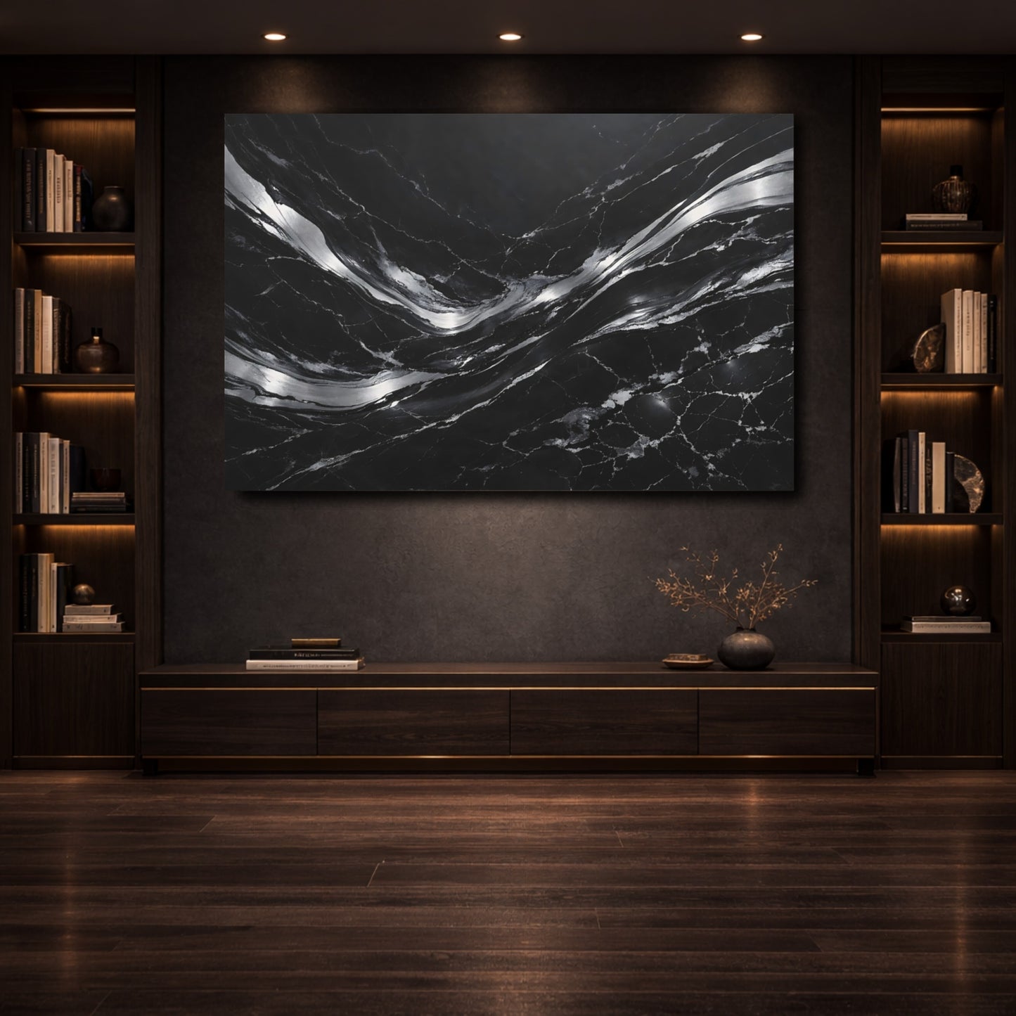 Mockup 3. Abstract Fluid Abstract Black And Silver shown as stretched canvas wall art