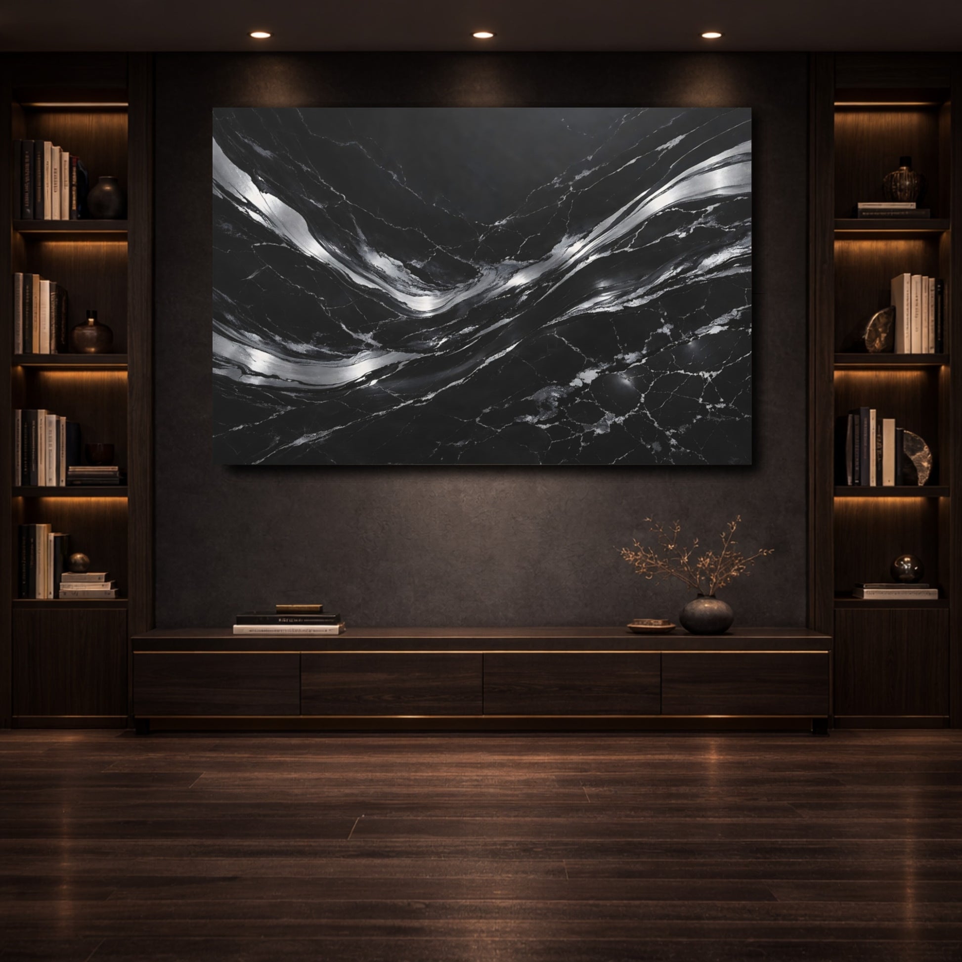 Mockup 3. Abstract Fluid Abstract Black And Silver shown as stretched canvas wall art