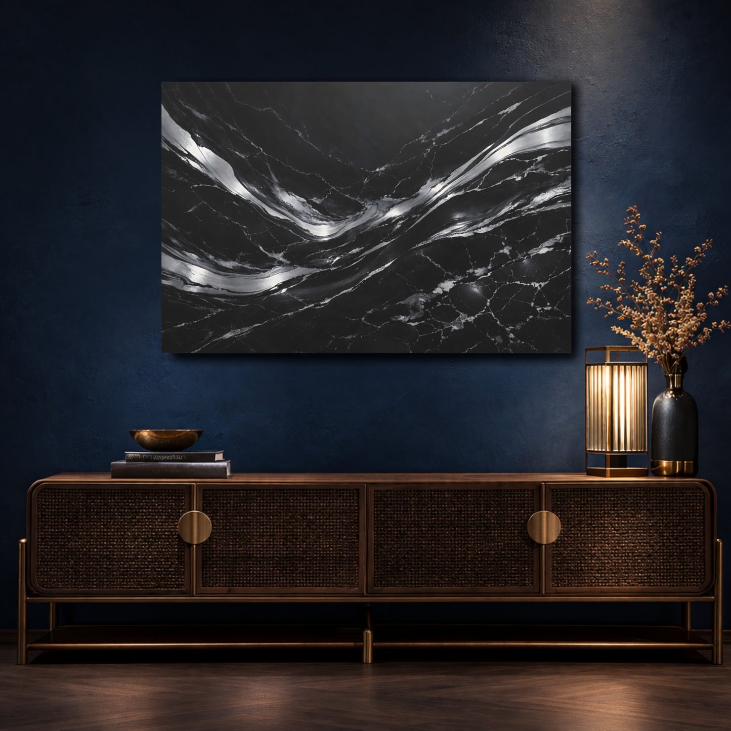 Mockup 4. Abstract Fluid Abstract Black And Silver shown as stretched canvas wall art