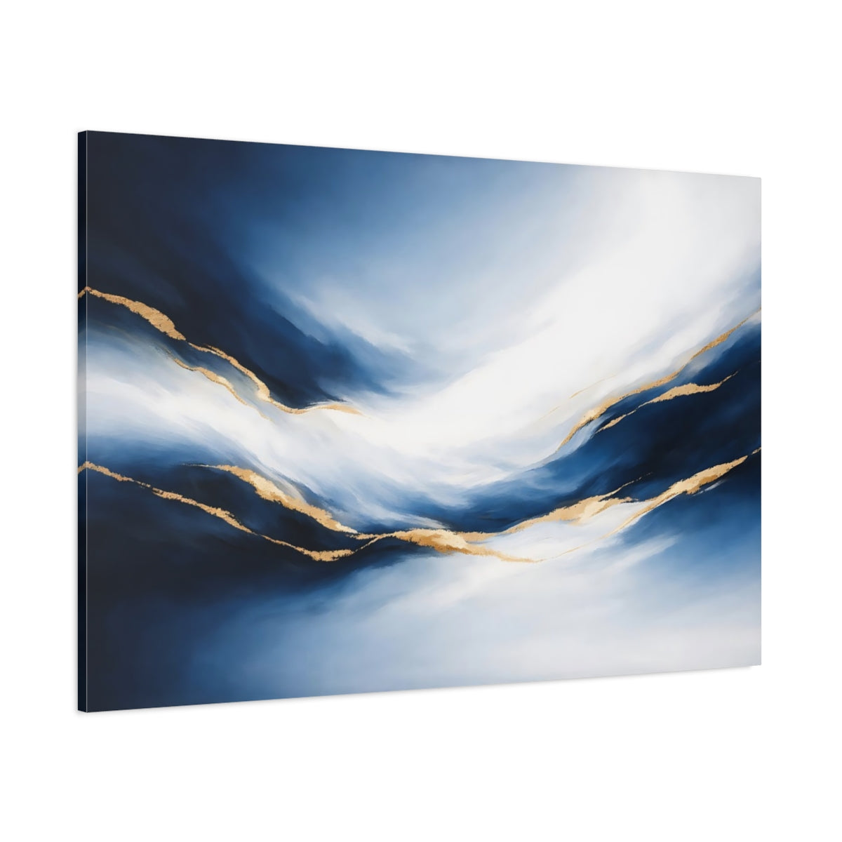 Main Mockup. Abstract Fluid Abstract Blue And Gold Abstract shown as stretched canvas wall art